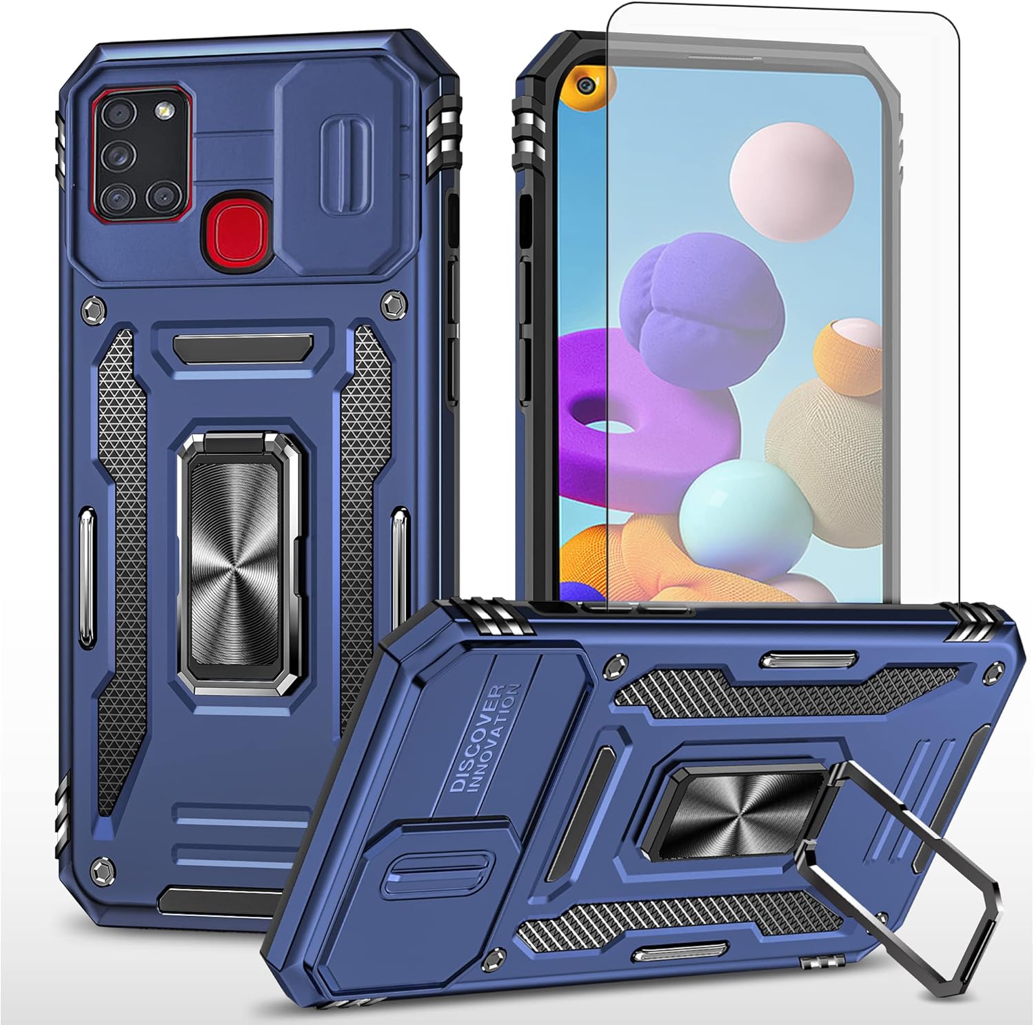 Asuwish Funda de teléfono para Samsung Galaxy A21S con protector de pantalla de vidrio templado y cubierta para cámara deslizante, soporte