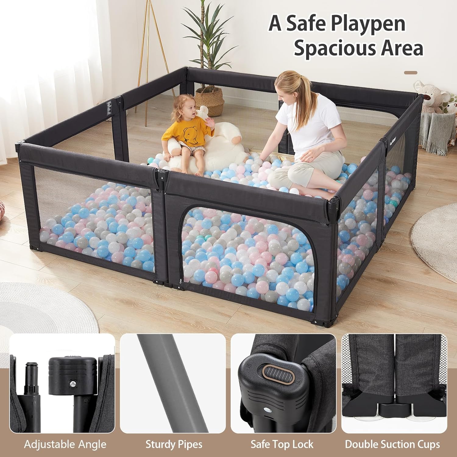 Corralito plegable y ajustable de forma y tamaño para niños pequeños, corralitos grandes de 79 x 71 pulgadas de malla de seguridad plegable para
