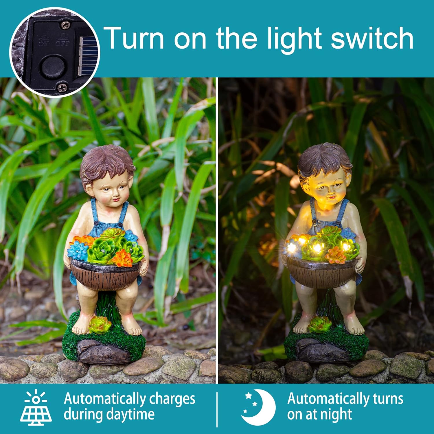 Ottsuls Estatua solar de jardín para niño, resina impermeable, decoración para exteriores con flores y 4 luces LED para patio, césped, porche,