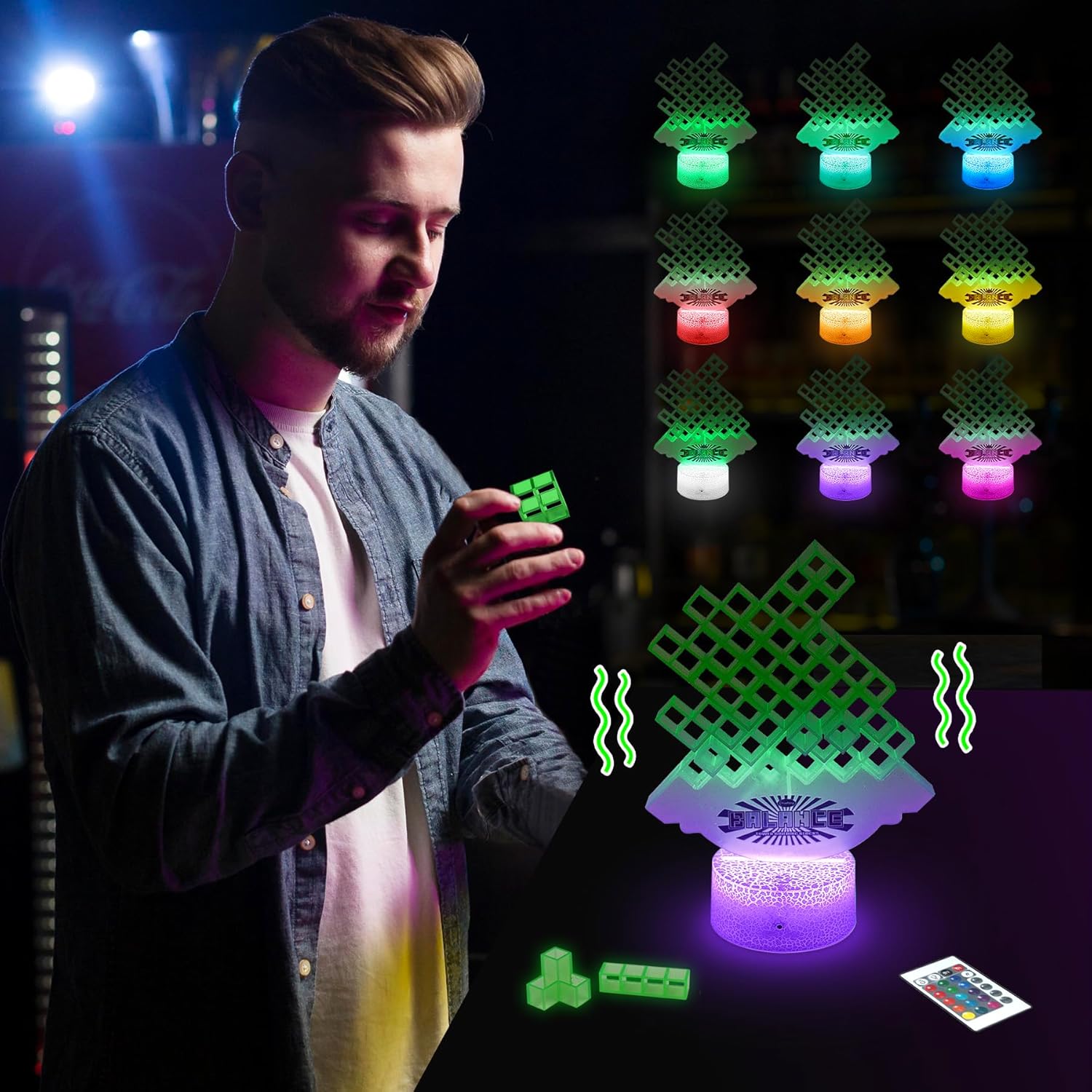 Juego de apilamiento LED que brilla en la oscuridad, juego de torre de equilibrio Tetra con luces que cambian de color, juegos de mesa suspendidos