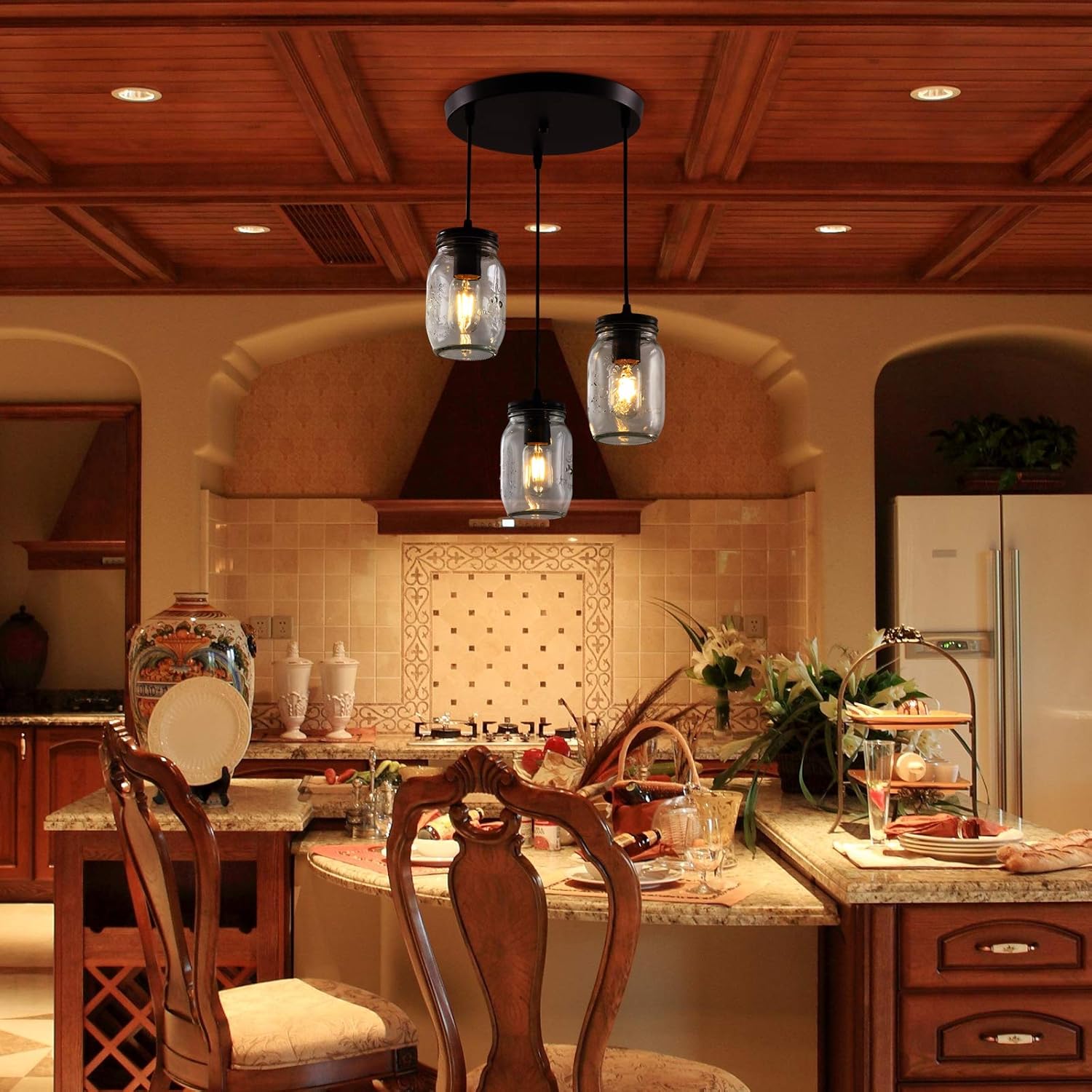 Lámparas de tarro de masón, 3 luces de casa de campo, lámpara colgante de tarro de cristal lámpara de techo ajustable para cocina, comedor, pasillo