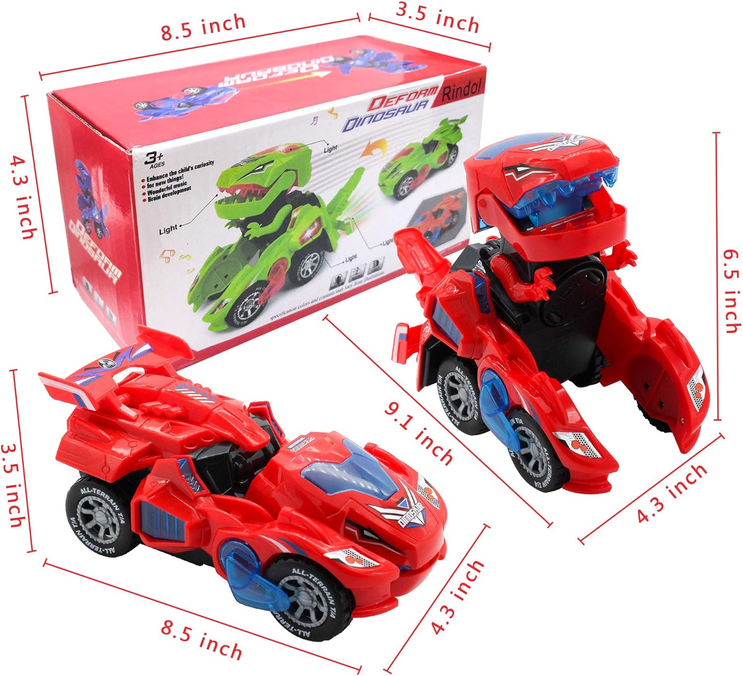 Dinosaur Toys for 3-6 Year Old Girls Transforming Dinosaur Car with LED Light and Music Gifts for 3 4 5 6 7 Year Old Girl (Red)