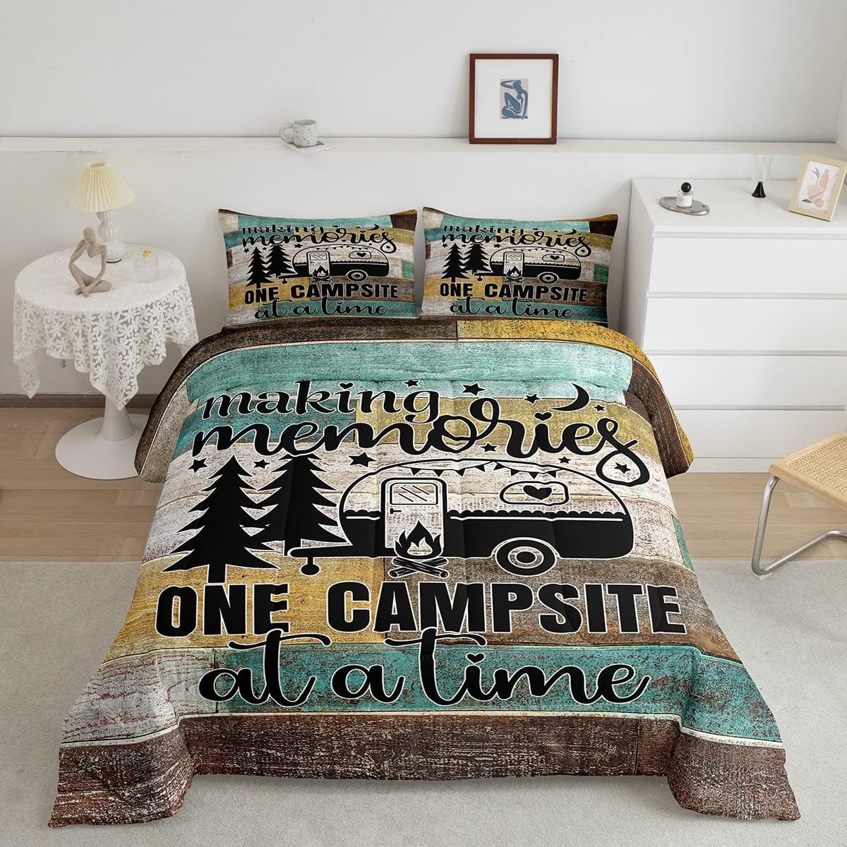 Juego de ropa de cama con temática de cámper, juego de edredón de cabaña de madera marrón y verde, tamaño matrimonial, 3 piezas, decoración de