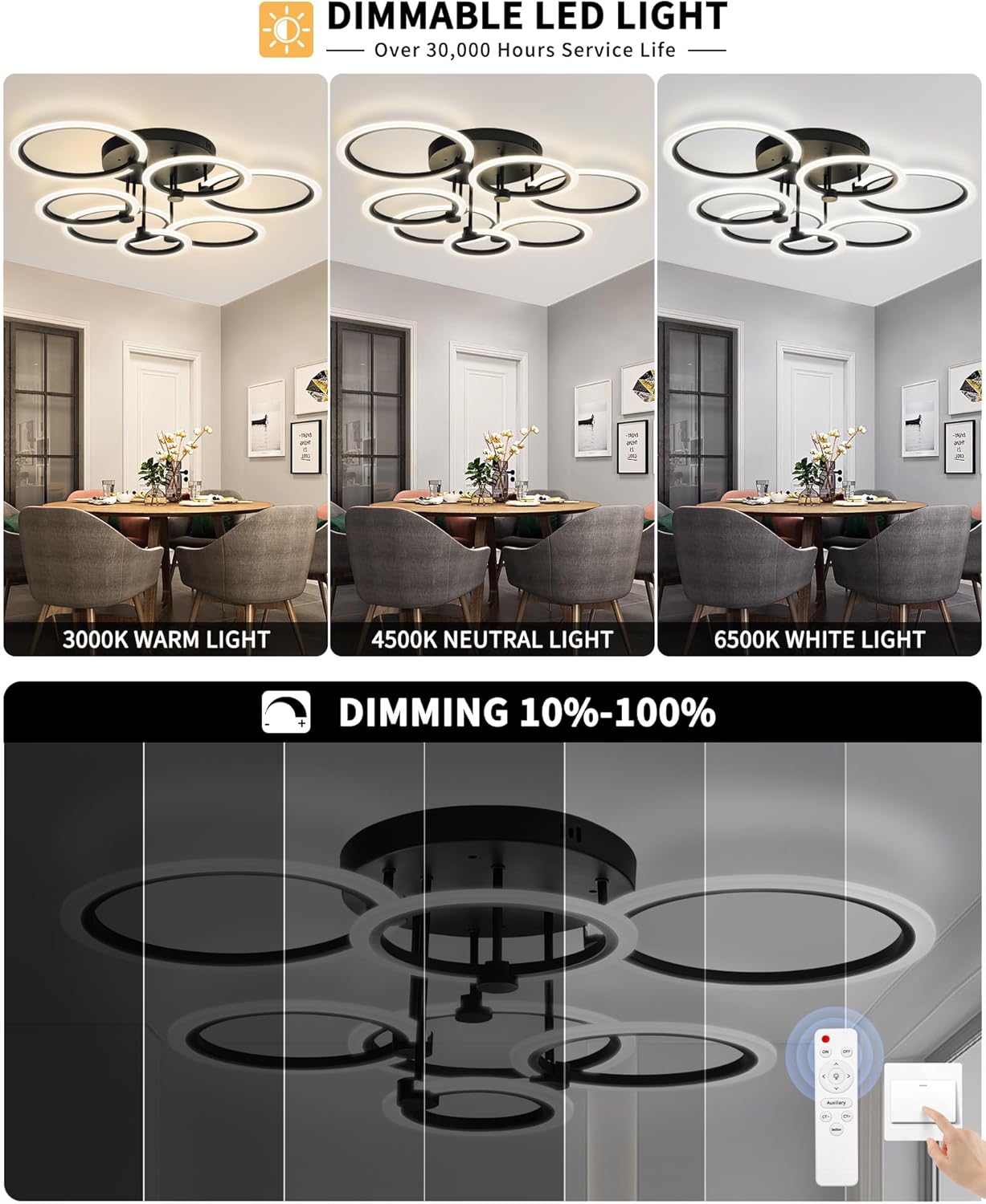 Lámpara de techo LED moderna de 7 anillos regulables con control remoto negro cerca de la luz de techo de 31.8 pulgadas, 130 W, 3000 K-6500 K,