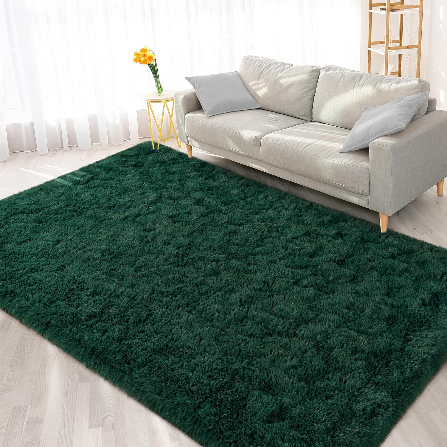 FlyDOIT Alfombras de área grandes para sala de estar, 5 x 8 pies, color verde profundo, alfombras peludas de felpa ultra suave, modernas alfombras