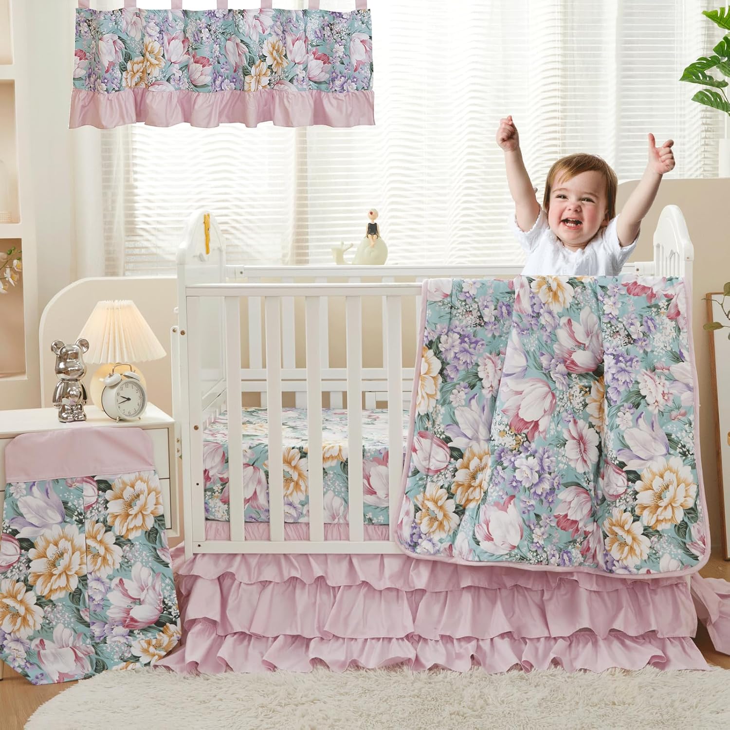 Brandream Juego de ropa de cama para cuna para niñas, 800 hilos, 100% algodón egipcio, juego de ropa de cama de 3 piezas, edredón de flores moradas,