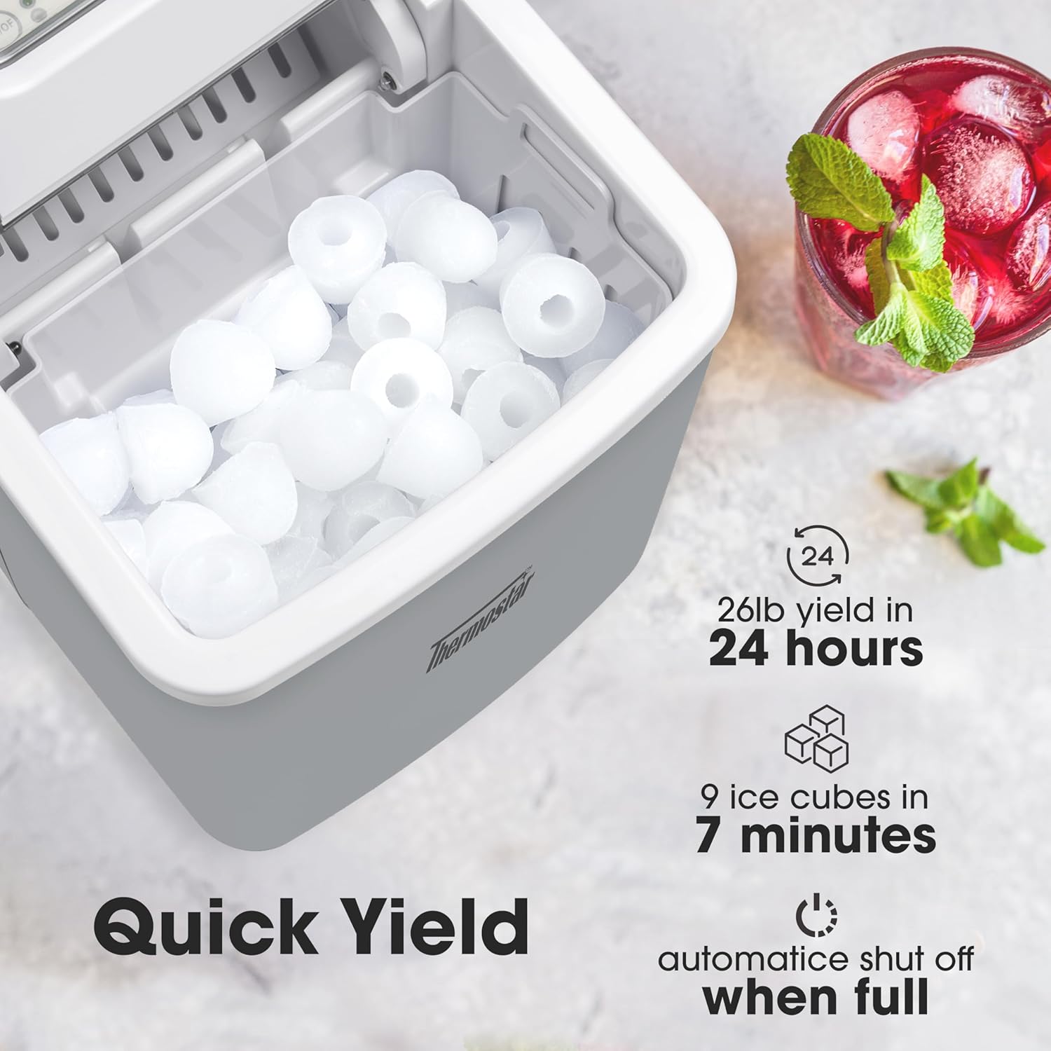 Nostalgia Thermostar Máquina automática de hielo eléctrica portátil autolimpiante para encimera, 26 libras en 24 horas, 9 cubitos de hielo listos en