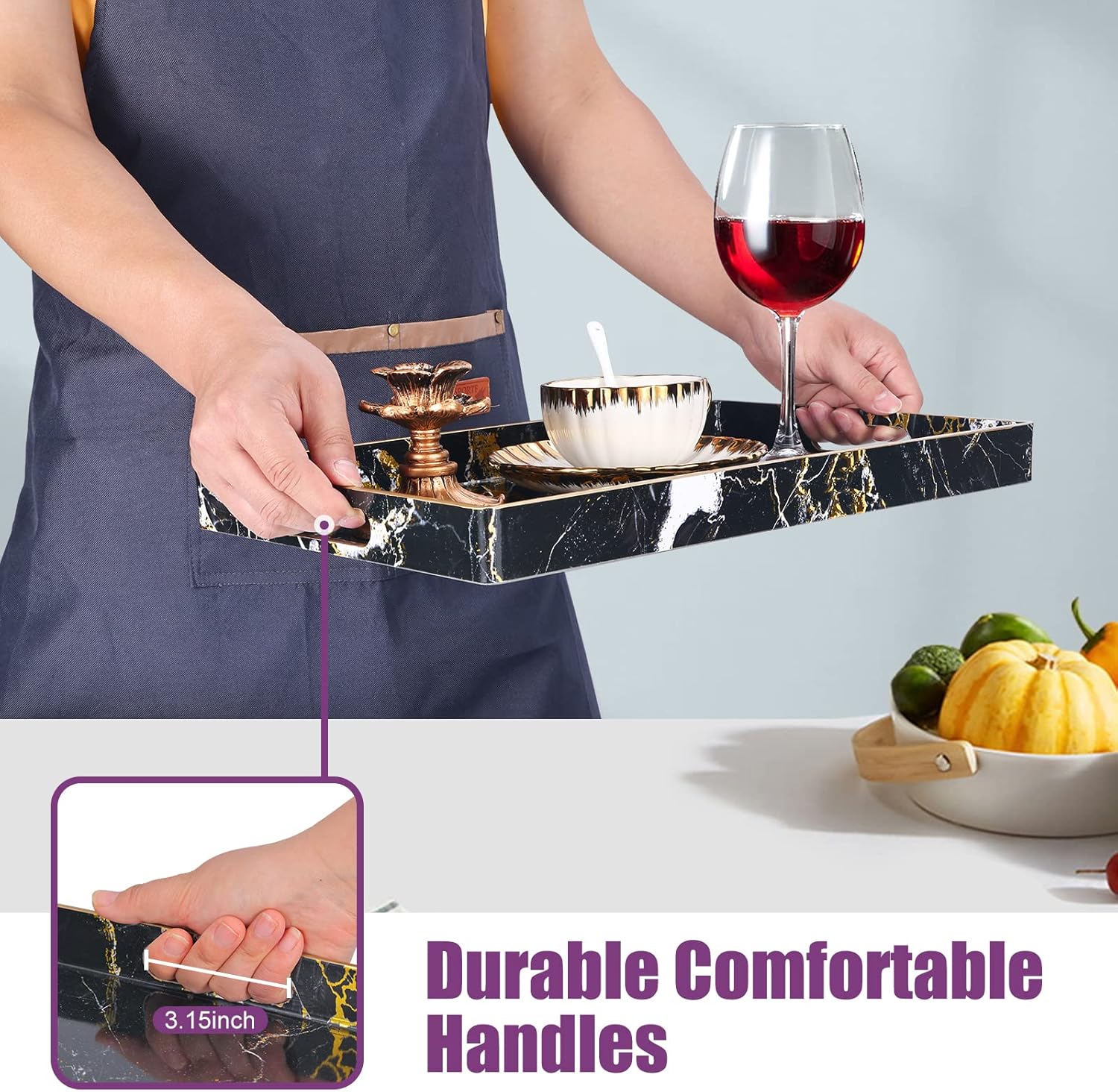 Gifturbo Bandeja negra para servir, bandejas decorativas de mármol con asas, bandeja de mesa auxiliar, bandejas de plástico rectangulares otomanas