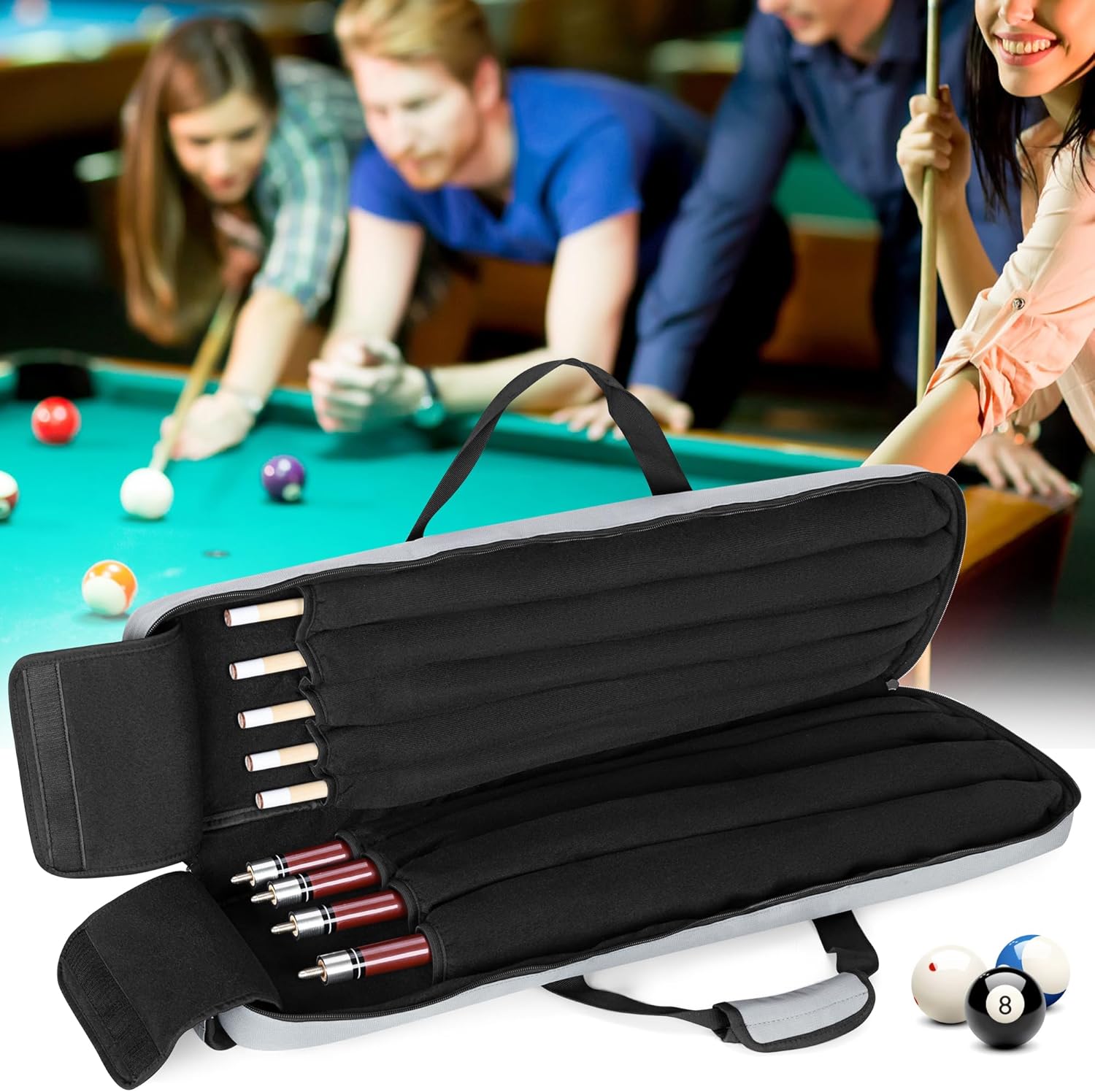 GOBUROS Estuche para taco de billar de 4 x 5, funda de transporte con capacidad para 4 traseros y 5 ejes, bolsa suave para palos de piscina con