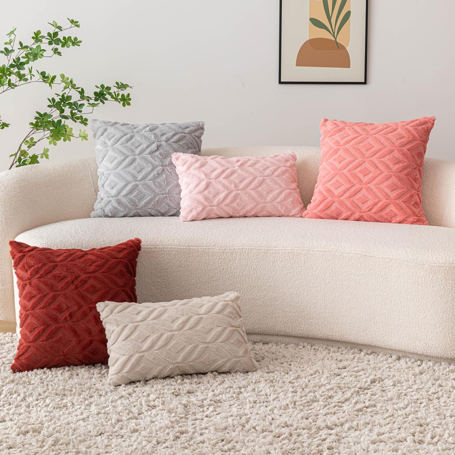 AQOTHES Juego de 2 fundas de almohada decorativas de color rojo coral de 18 x 18 pulgadas, fundas de almohada de lana sintética de felpa suave para