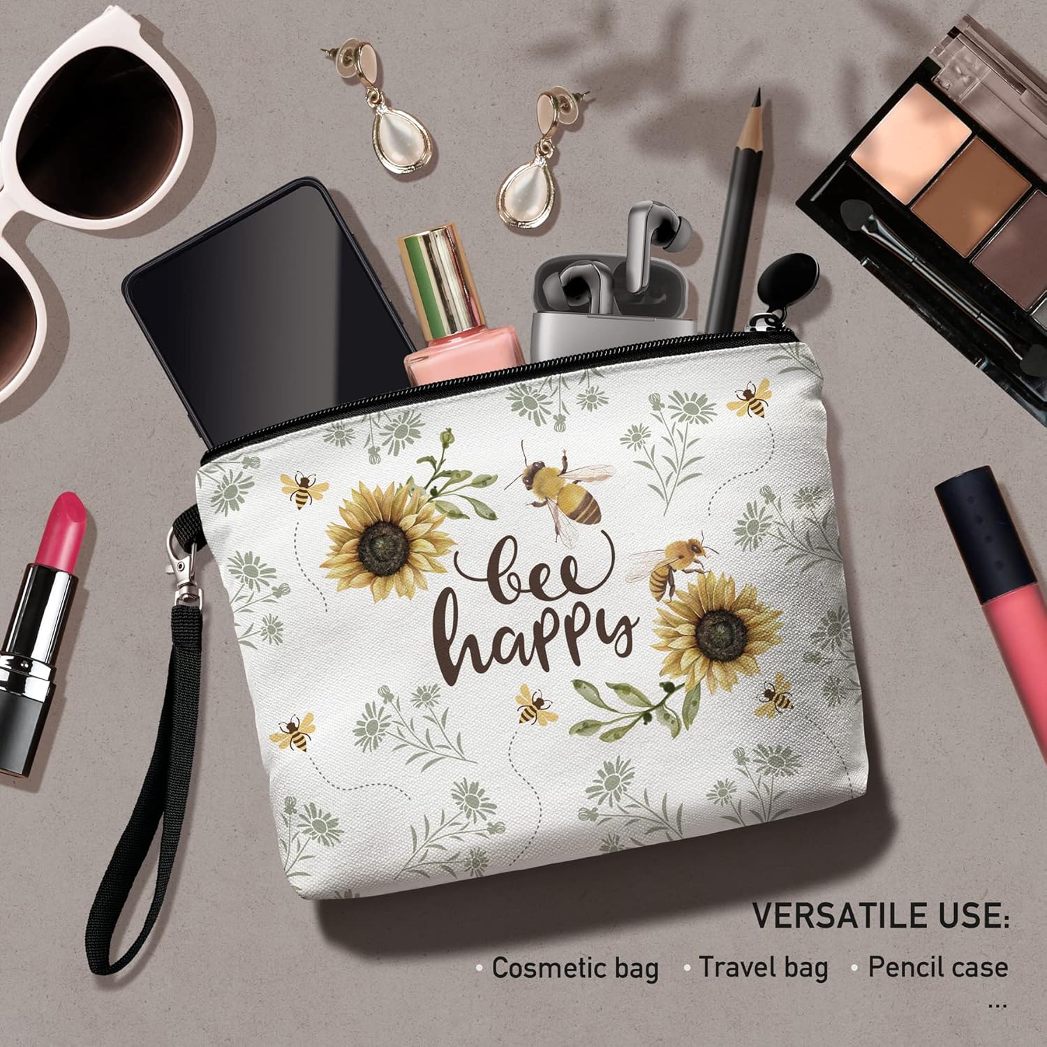 Bolsa de maquillaje de viaje, Blanco, Abeja-abeja feliz