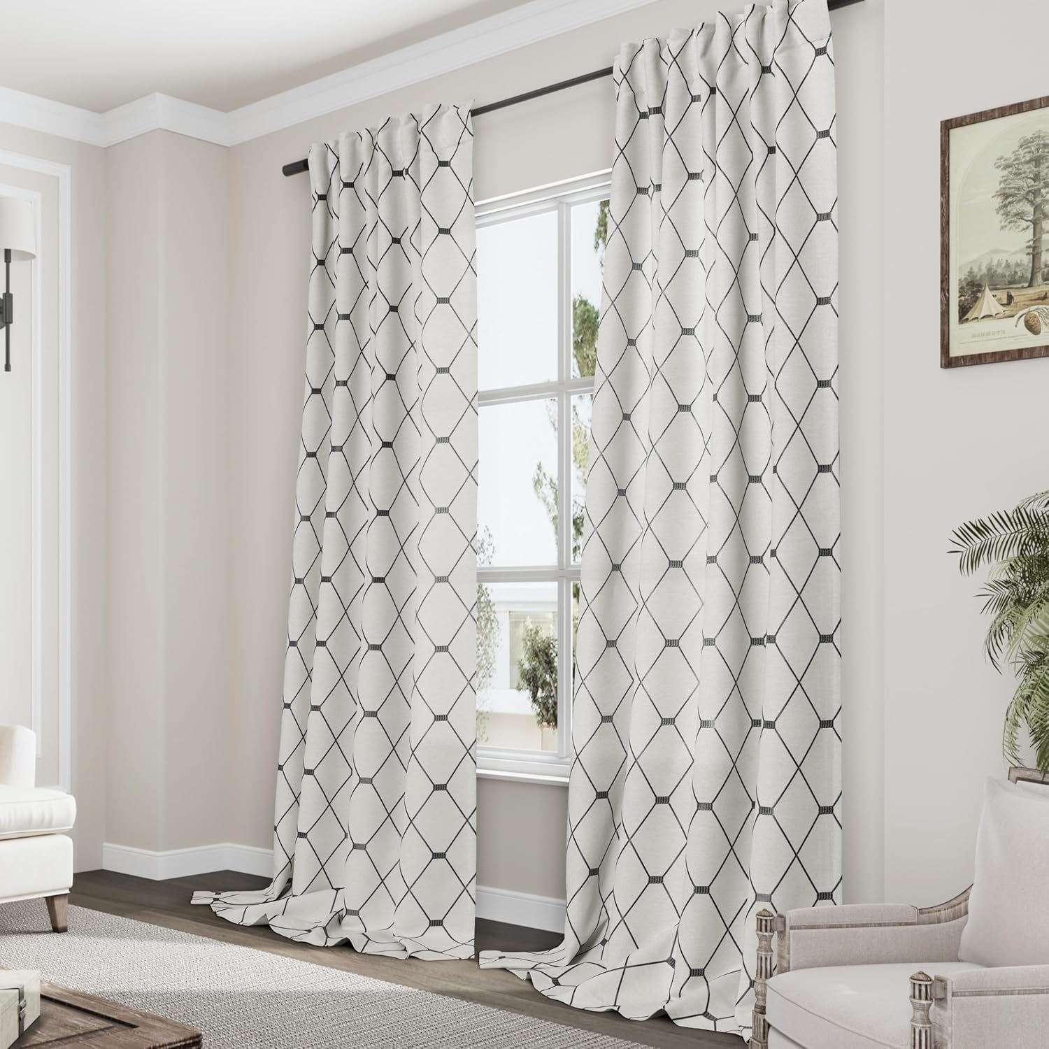 Cortinas de oscurecimiento de habitación con patrón gómetrico negro de 96 pulgadas de largo para sala de estar, juego de 2 paneles, decoración
