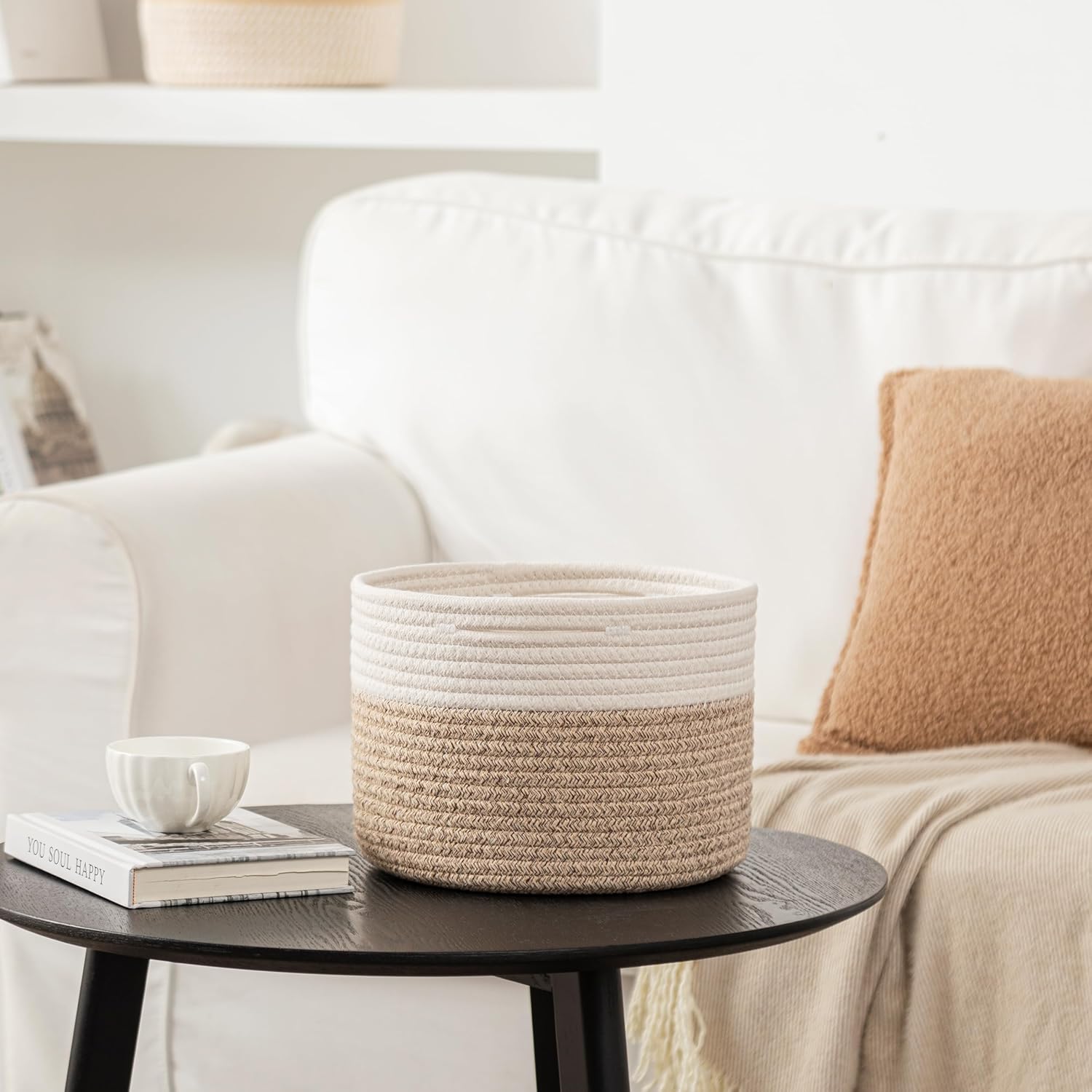 UBBCARE Cesta pequeña para organizar, cesta redonda tejida con asas, cesta de almacenamiento pequeña para decoración, cesta de cuerda de algodón