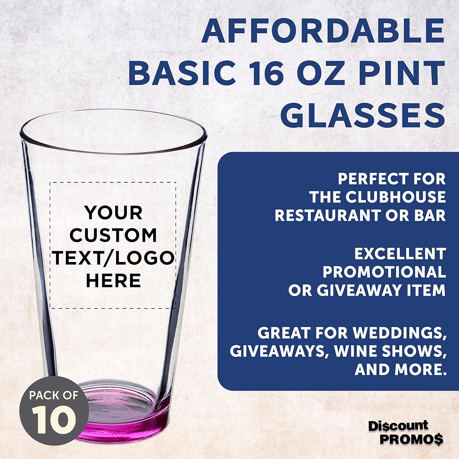 DISCOUNT PROMOS Juego de 10 vasos de cerveza personalizados de 16 onzas, paquete a granel personalizado, cristalería resistente para restaurantes,
