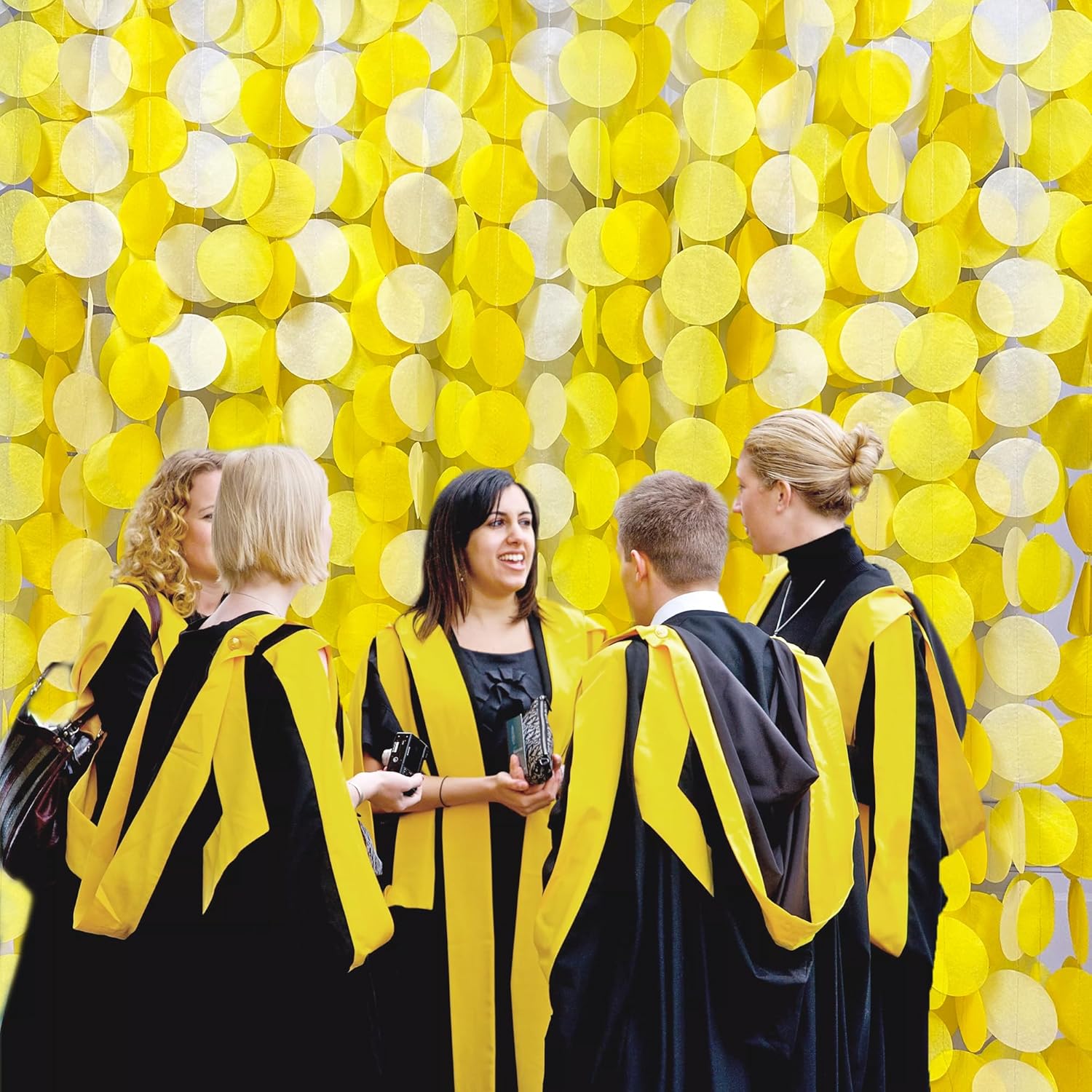 Decoraciones de fiesta amarillas de 192 pies, color amarillo degradado, blanco, telón de fondo de lunares grandes, serpentina, papel de seda