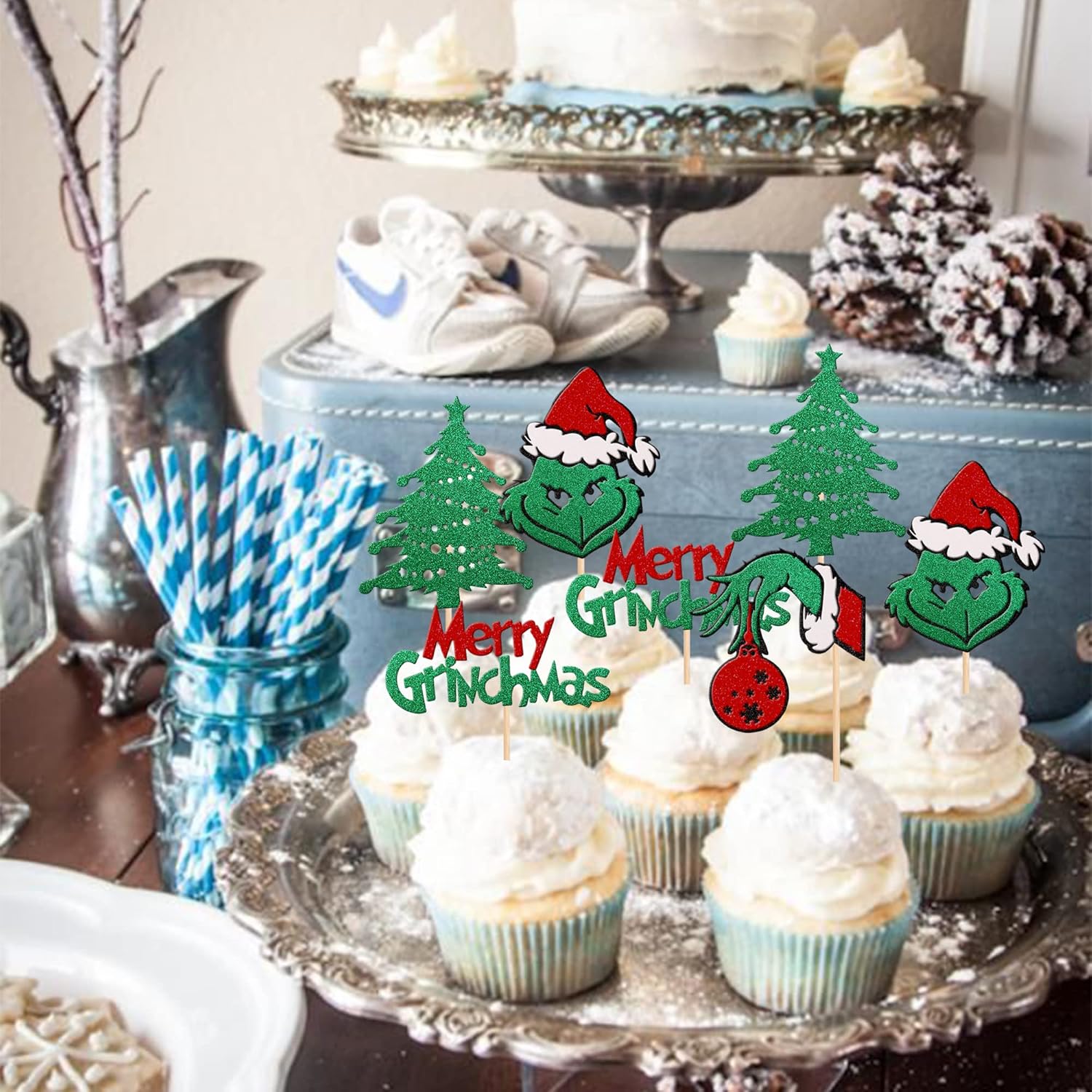 24 piezas de decoración para cupcakes con temática de Grinchmas Grinch rojo y verde con purpurina para árbol de Navidad para árbol de Navidad con