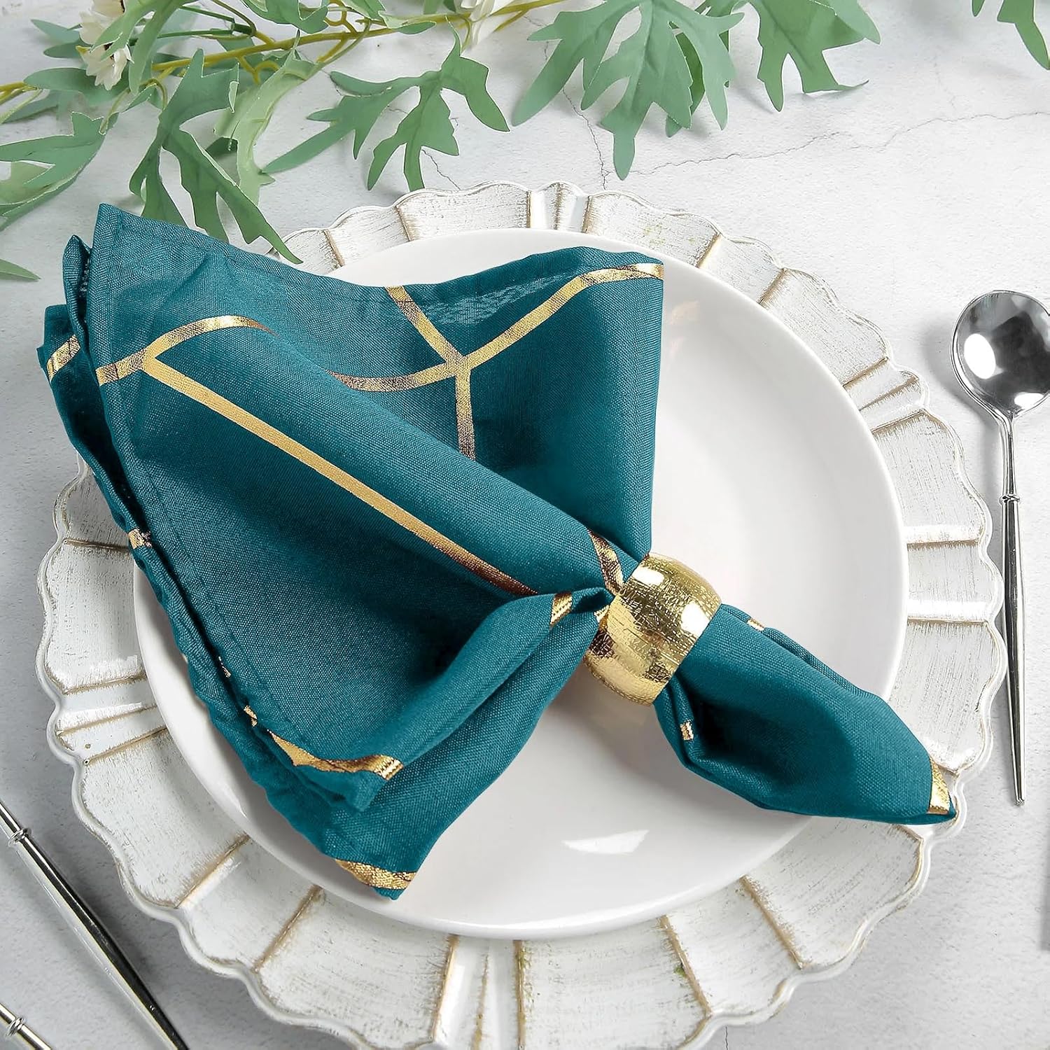Efavormart – Paquete de 5 servilletas modernas de lino de poliéster verde azulado pavo real de 20 x 20 pulgadas con patrón geométrico dorado
