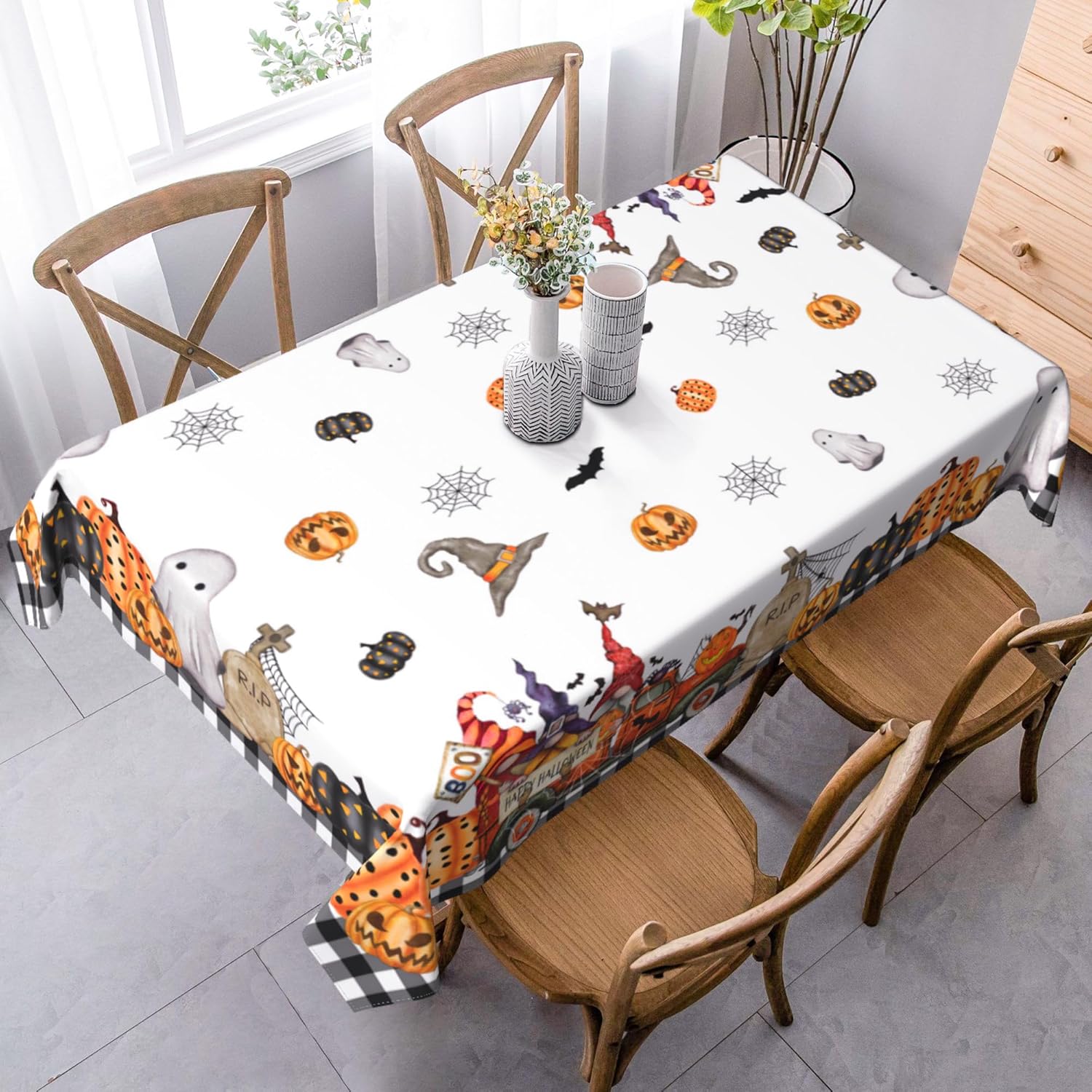 Mantel de Halloween blanco con diseño de telaraña de calabaza, fantasma, diseño a cuadros, 60 x 102 pulgadas, rectangular, de poliéster, repelente
