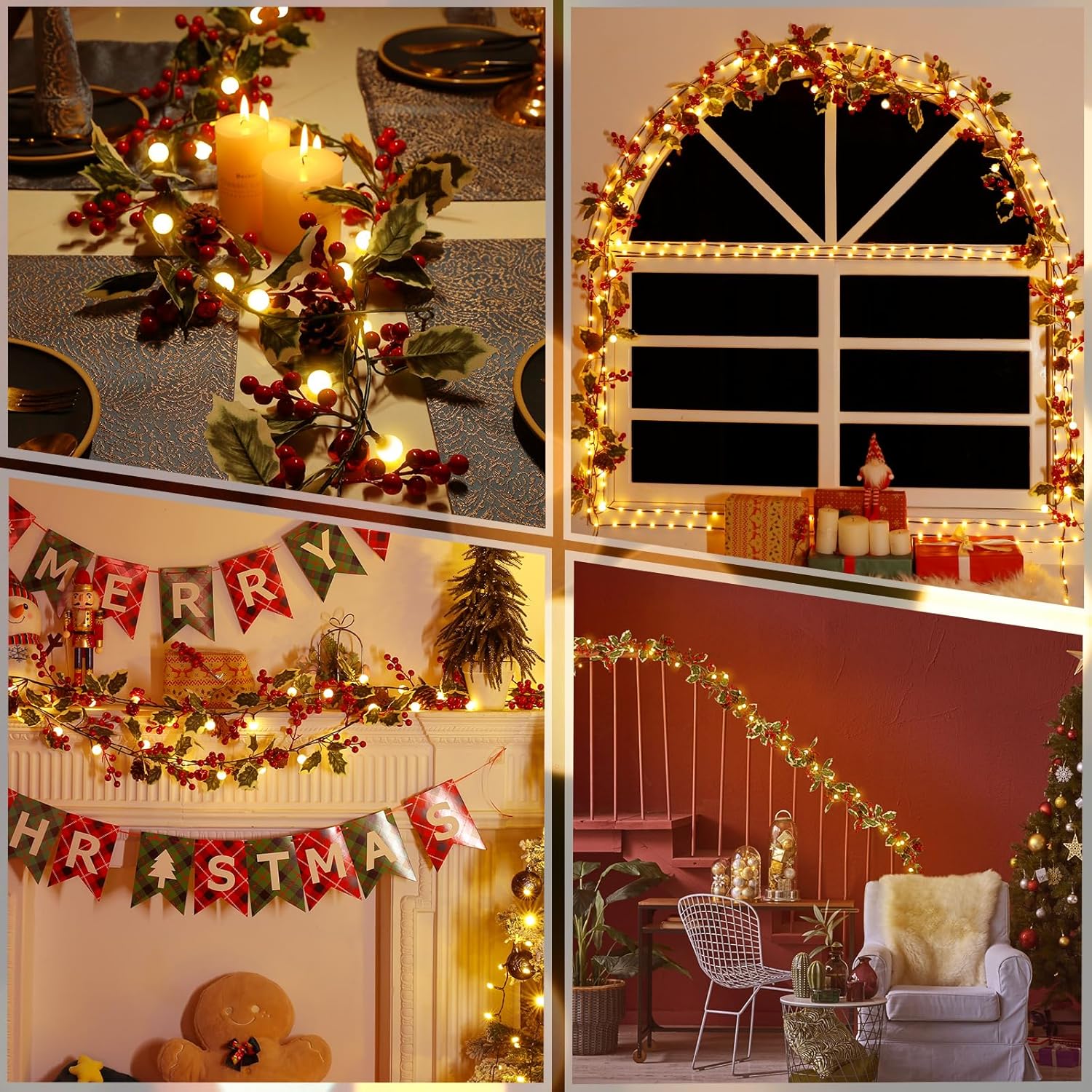 Marchpower Guirnalda de Navidad con luces, 5.7 pies, 20 luces LED, funciona con pilas, guirnalda iluminada de bayas rojas, decoraciones de Navidad