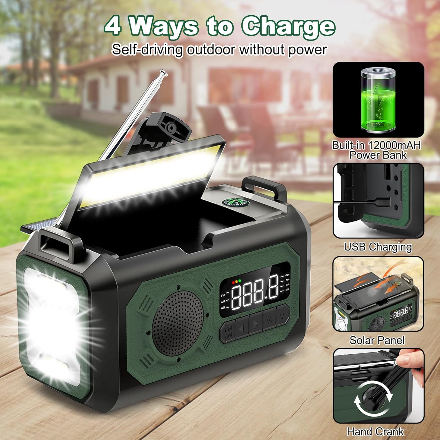 Radio meteorológica de emergencia de 12000 mAh, radio de manivela, radio AMFMNOAA portátil con 2 paneles solares, radio solar multifunción con