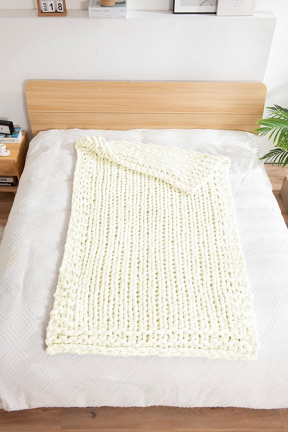 Clootess – Manta de felpilla de punto grueso, cálida, suave y acogedora para sillón y cama, decoración bohemia para el hogar (color marfil, 40 x