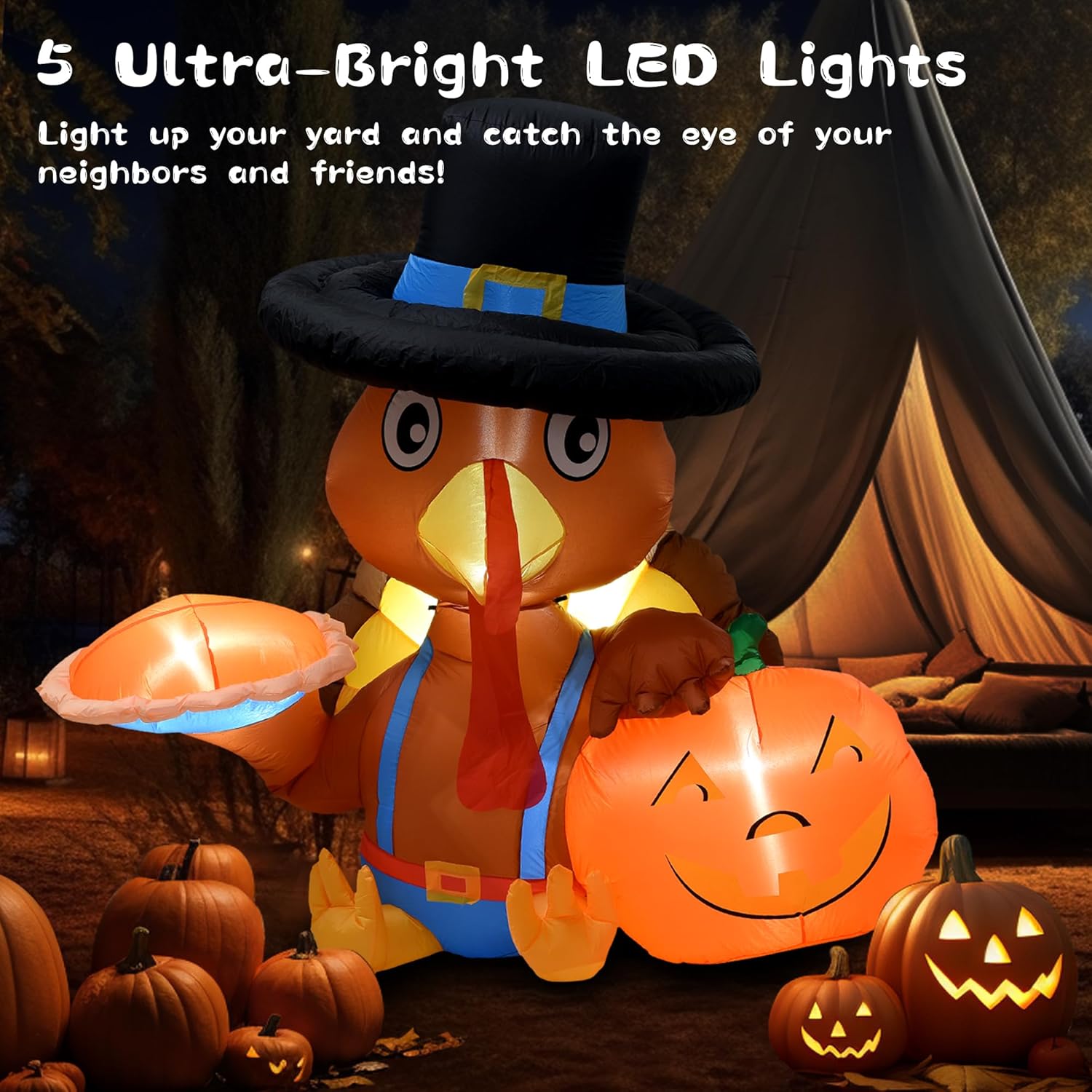 HEISOK Decoraciones inflables de pavo de Acción de Gracias, pavo inflable de 6 pies con calabaza, luces LED integradas, pavo inflable para