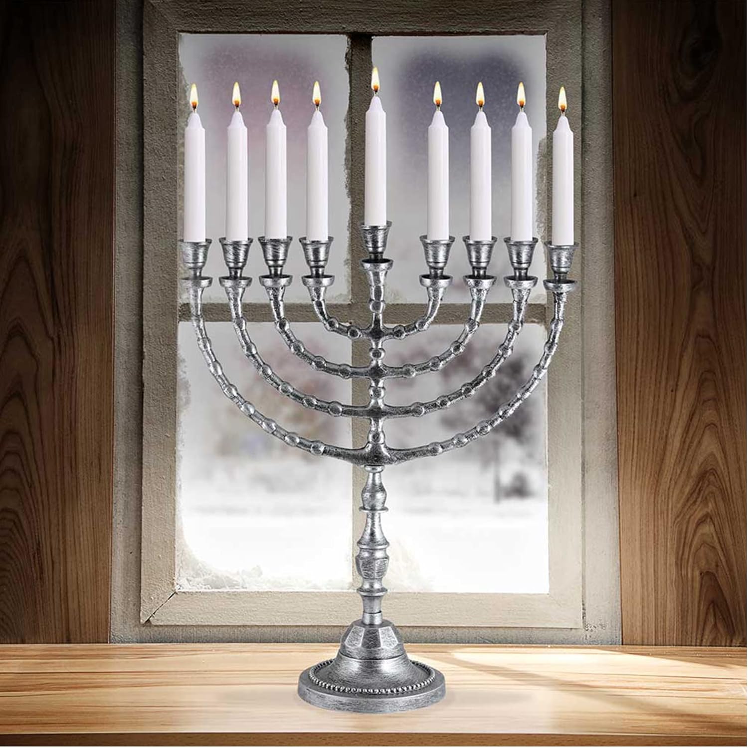 Menorá tradicional extra grande de Janucá para uso con velas gruesas de Shabat o vasos de aceite, Janucá Minorah de aspecto antiguo, para Shul,