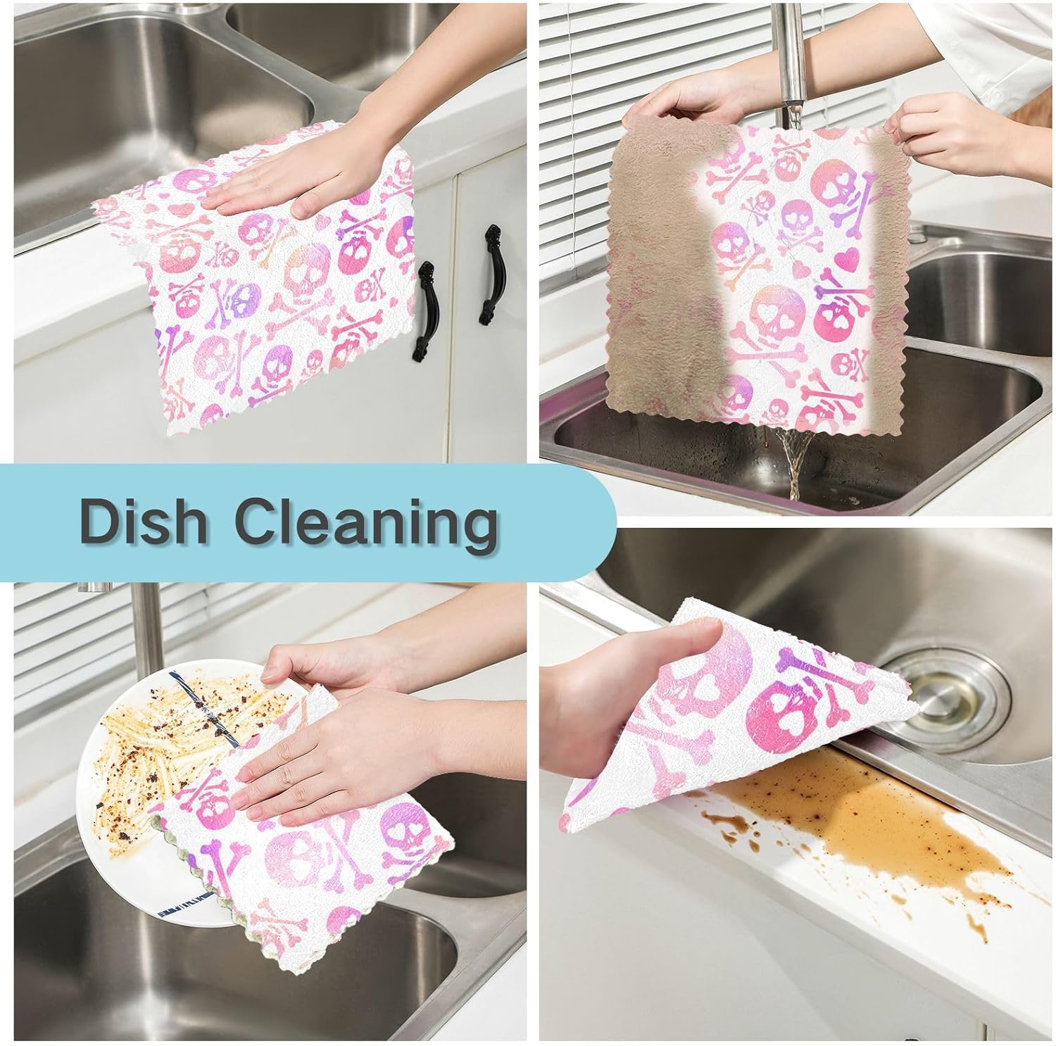 Funny Skulls Love Pink Purple 6 Pack Absorbent Microfiber Towels Kitchen Decor Quality Kitchen Tea Towels for Countertop Oven