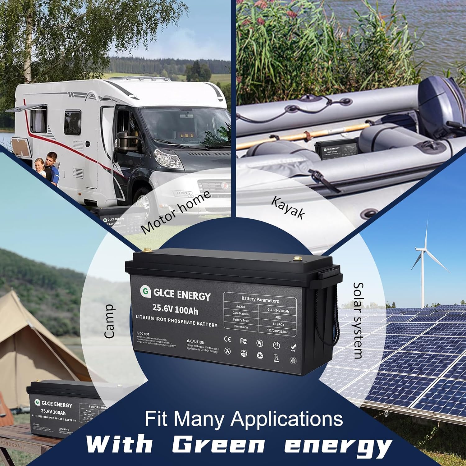 GLCE ENERGY Batería de litio LiFePO4 de 24 V 100 Ah, BMS de 100 A, vida útil de 10 años con batería recargable de más de 10000 ciclos profundos para