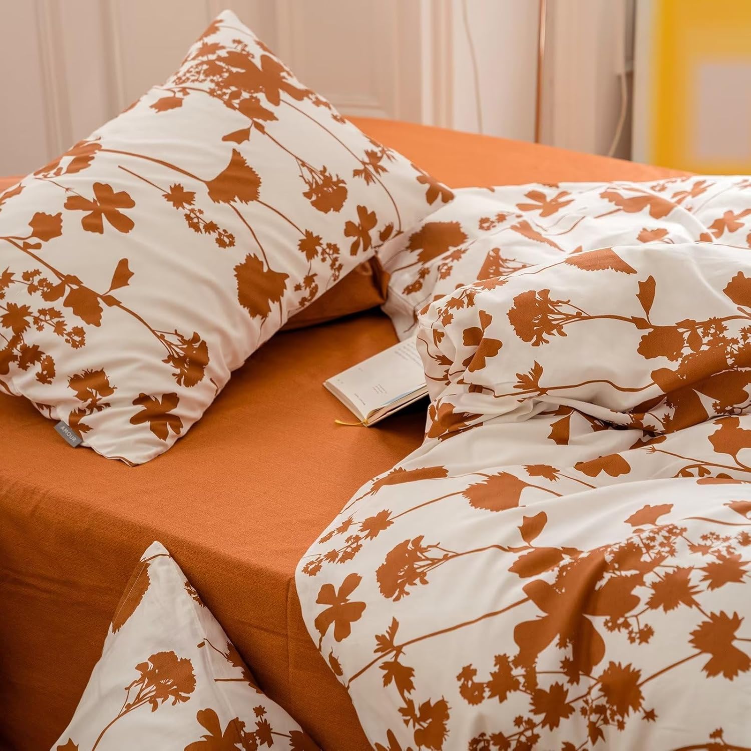 BuLuTu Juego de funda de edredón con diseño de hojas naranjas quemadas, estampado botánico, blanco, 100% algodón, juego de ropa de cama estética,