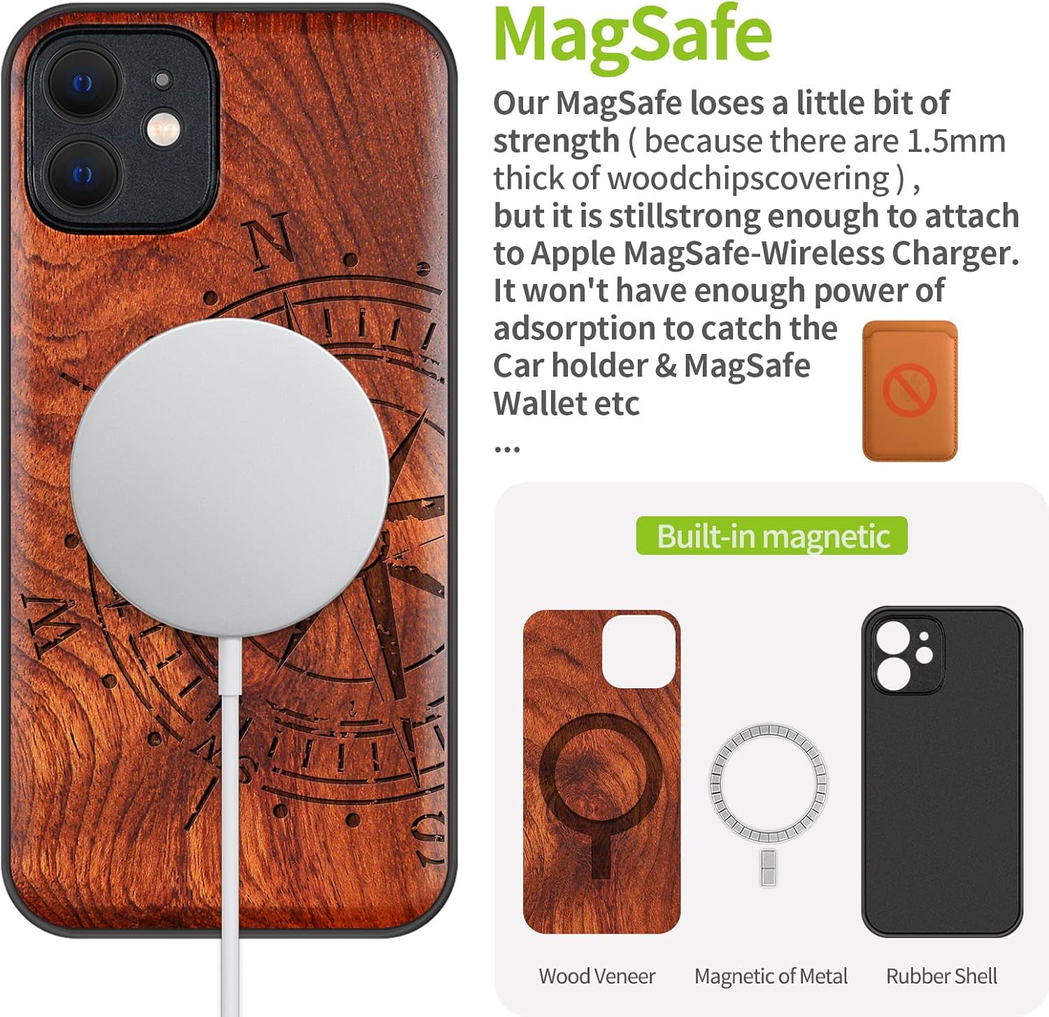 Carveit Funda magnética de madera para iPhone 12 madera natural y TPU suave negro a prueba de golpes, funda protectora única y elegante de madera