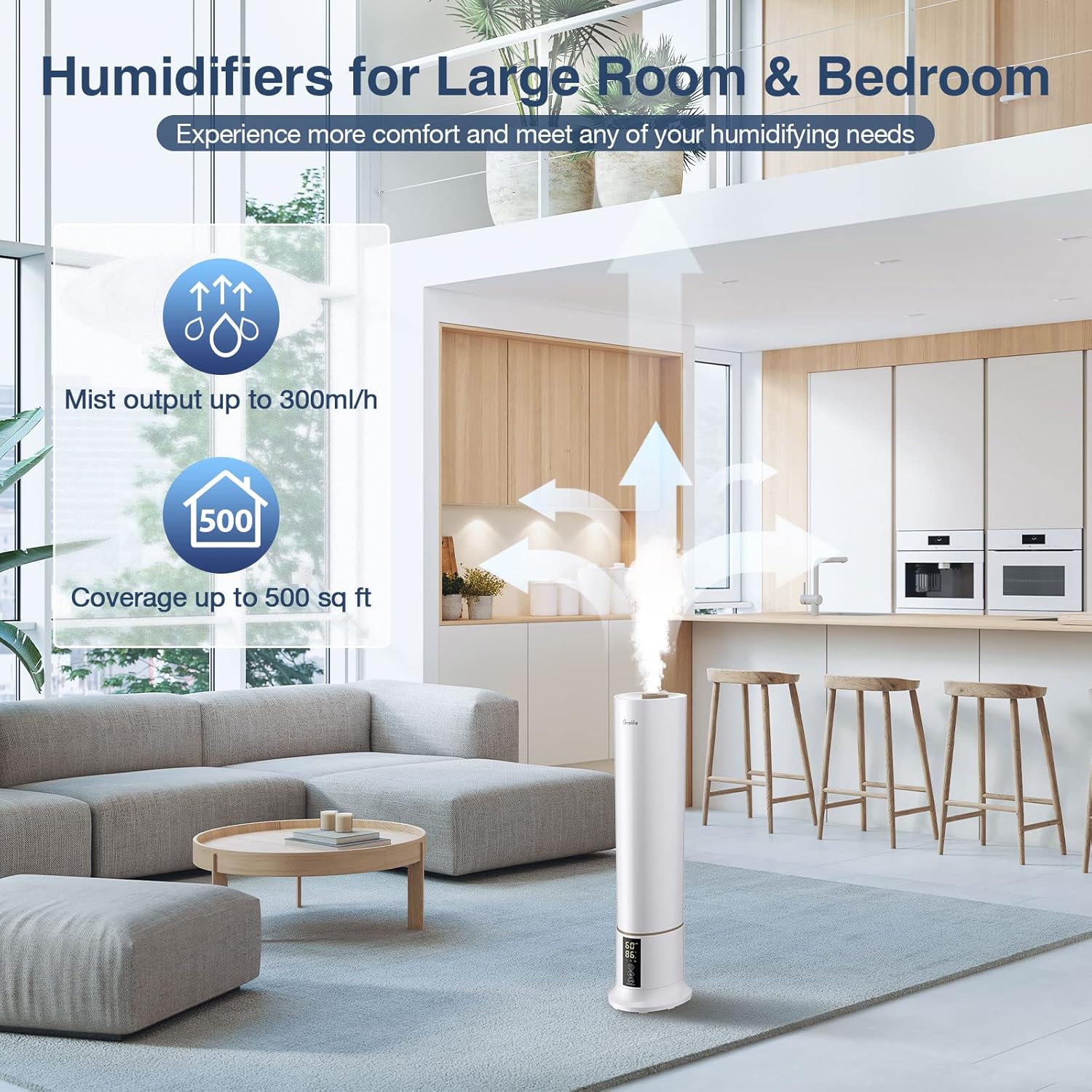 Grelife Humidificadores grandes de 9L2.38 galones para dormitorio, habitación grande, humidificador ultrasónico de llenado superior de niebla fría