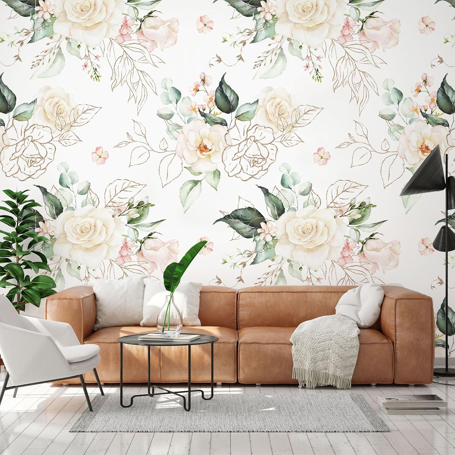 BaoHArtHome Papel tapiz floral para despegar y pegar, papel de contacto extraíble con hojas de oro rosa, fácil de despegar, autoadhesivo, para
