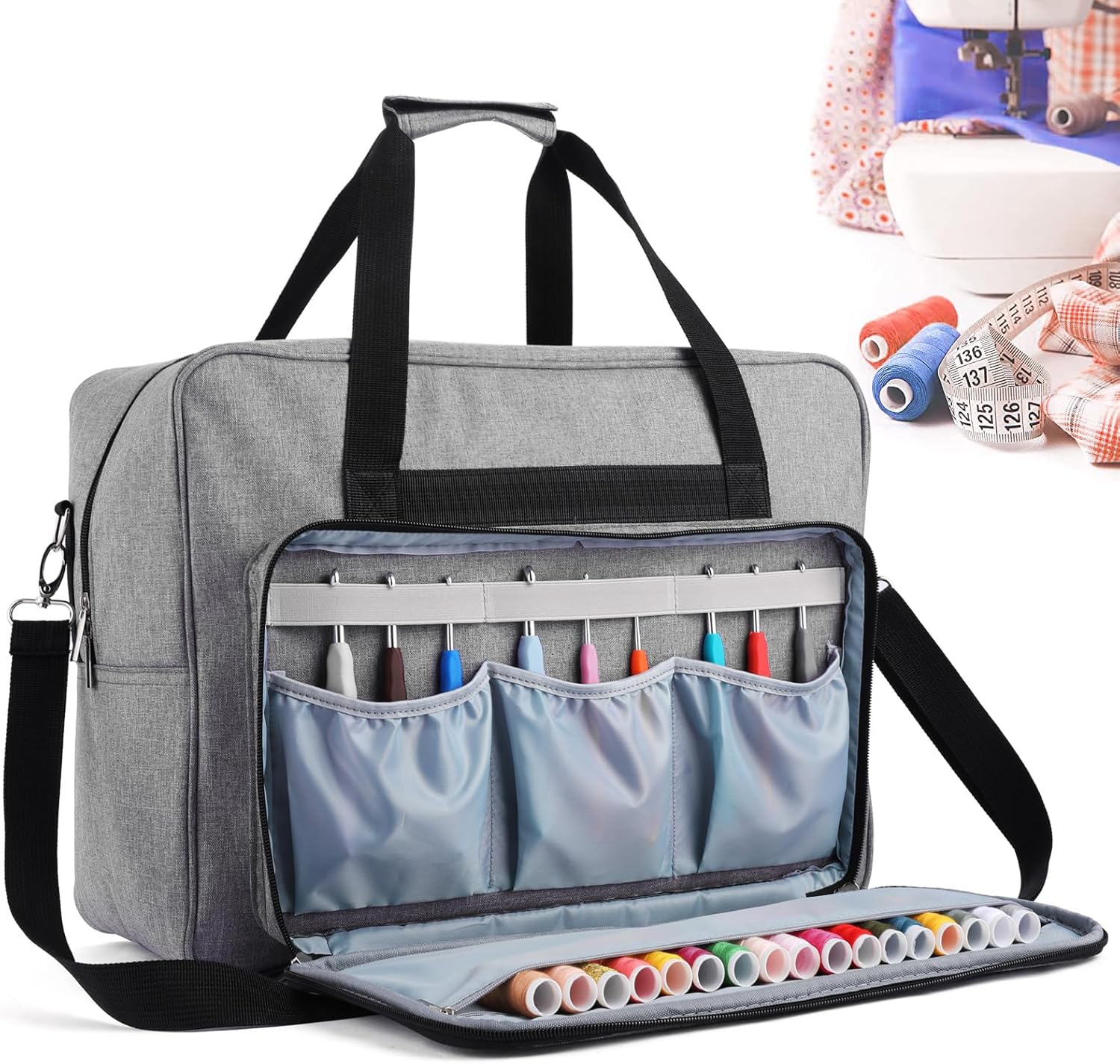 Estuche para máquina de coser, bolsa de transporte y organizador de accesorios, almacenamiento versátil, tamaño universal, estampado floral