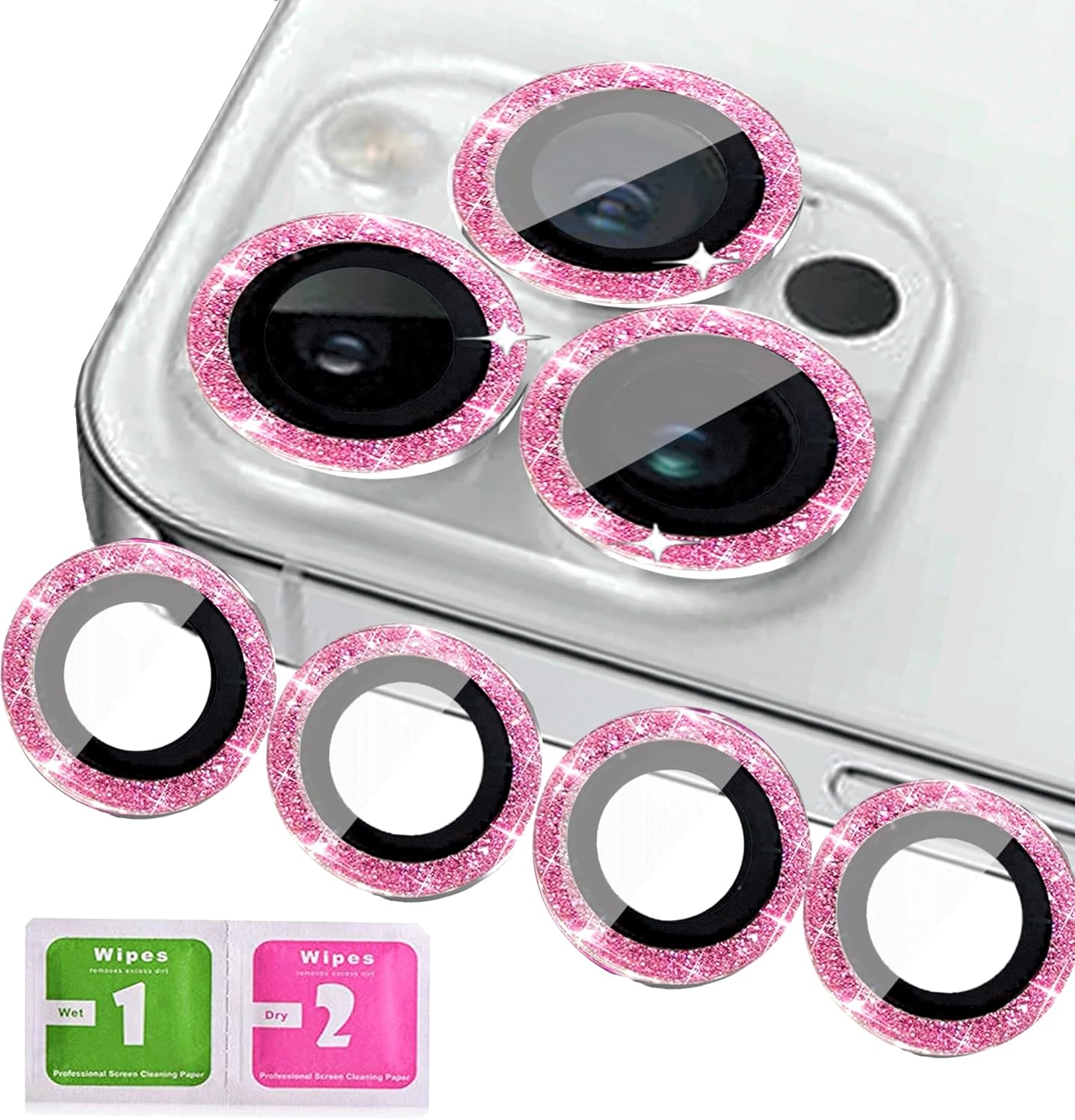 3+1 compatible con iPhone 13 Pro y iPhone 13 Pro Max, protector de lente de cámara con purpurina brillante, cubierta de cámara de vidrio templado,