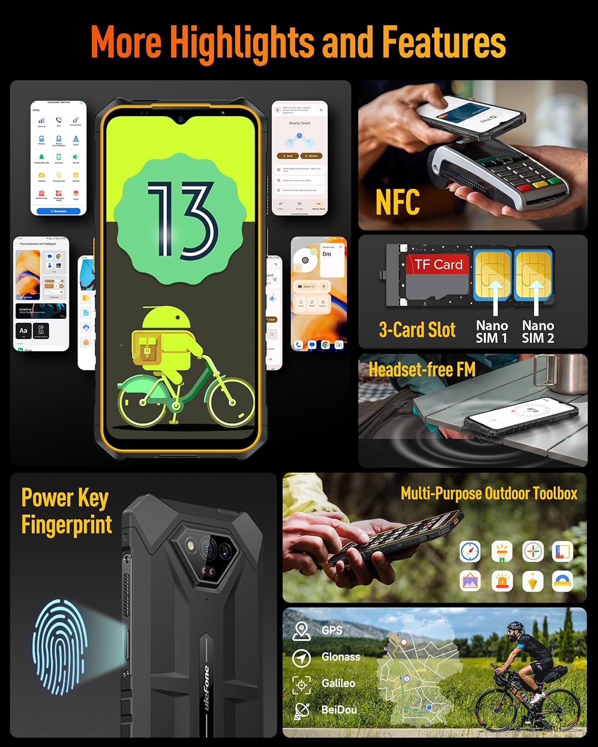 Ulefone Armor X13 Teléfonos resistentes desbloqueados, IP68IP69K teléfono impermeable, MTk Helio G36 12GB+64GB, cámara de visión nocturna de 50