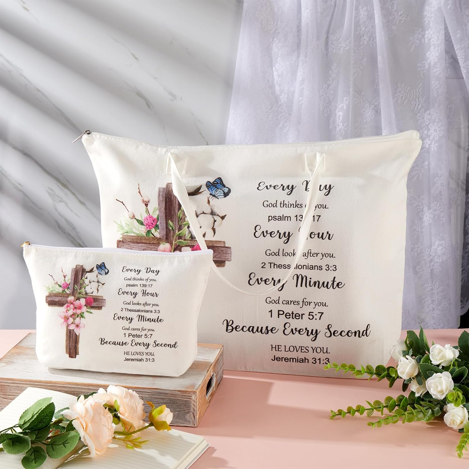 Abbylike Bolsa de lona de girasol de regalo cristiano de 2 piezas con bolsa de maquillaje, versículo de la Biblia, bolsa religiosa para regalo de
