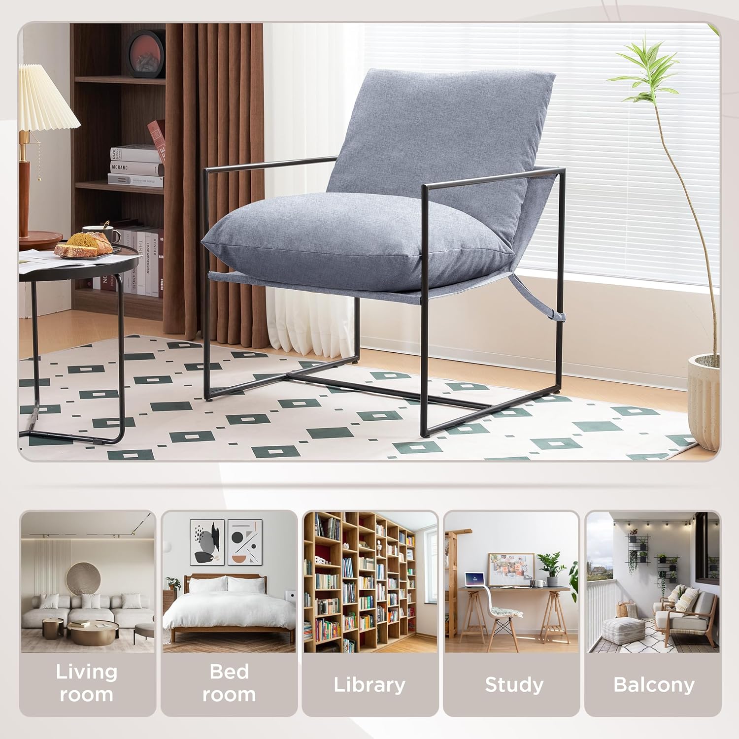 Silla decorativa moderna de mediados de siglo, sillón de acero, silla de tela para sala de estar, dormitorio, oficina en casa en tapicería de