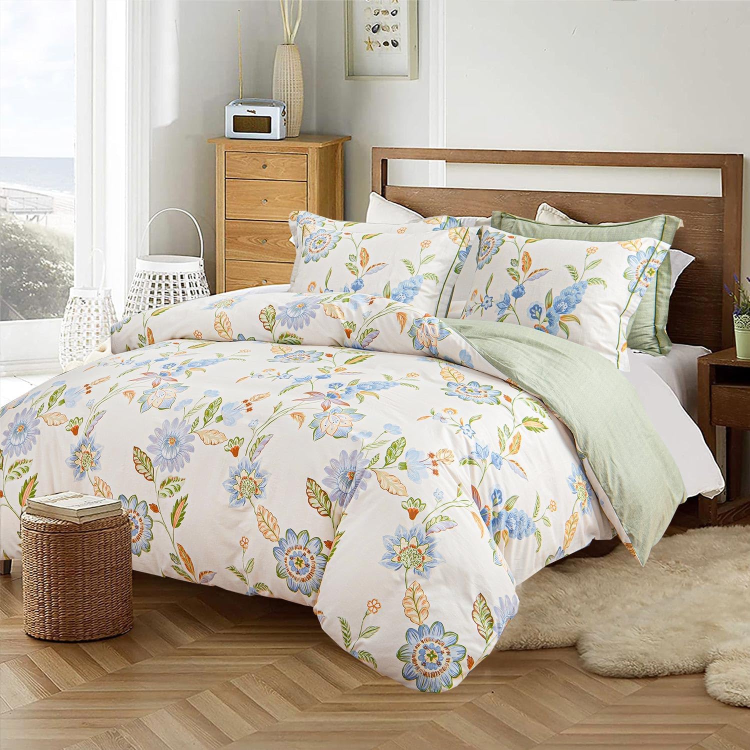 ALEISSEL Juego de edredón floral de 3 piezas, 100% algodón natural, tamaño King, edredón verde con lujosas flores amarillas y azul aguamarina y