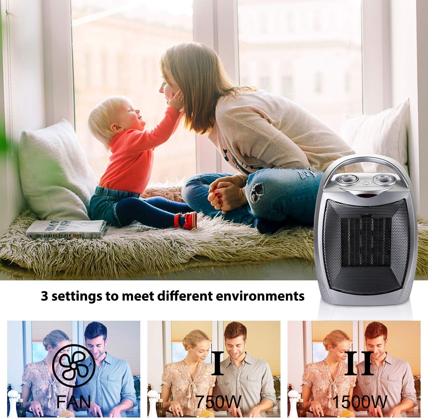 Calentador eléctrico Smart Space, termostatodetección de temperaturatemporizador ajustable, calentamiento rápido, calentador de ventilador portátil