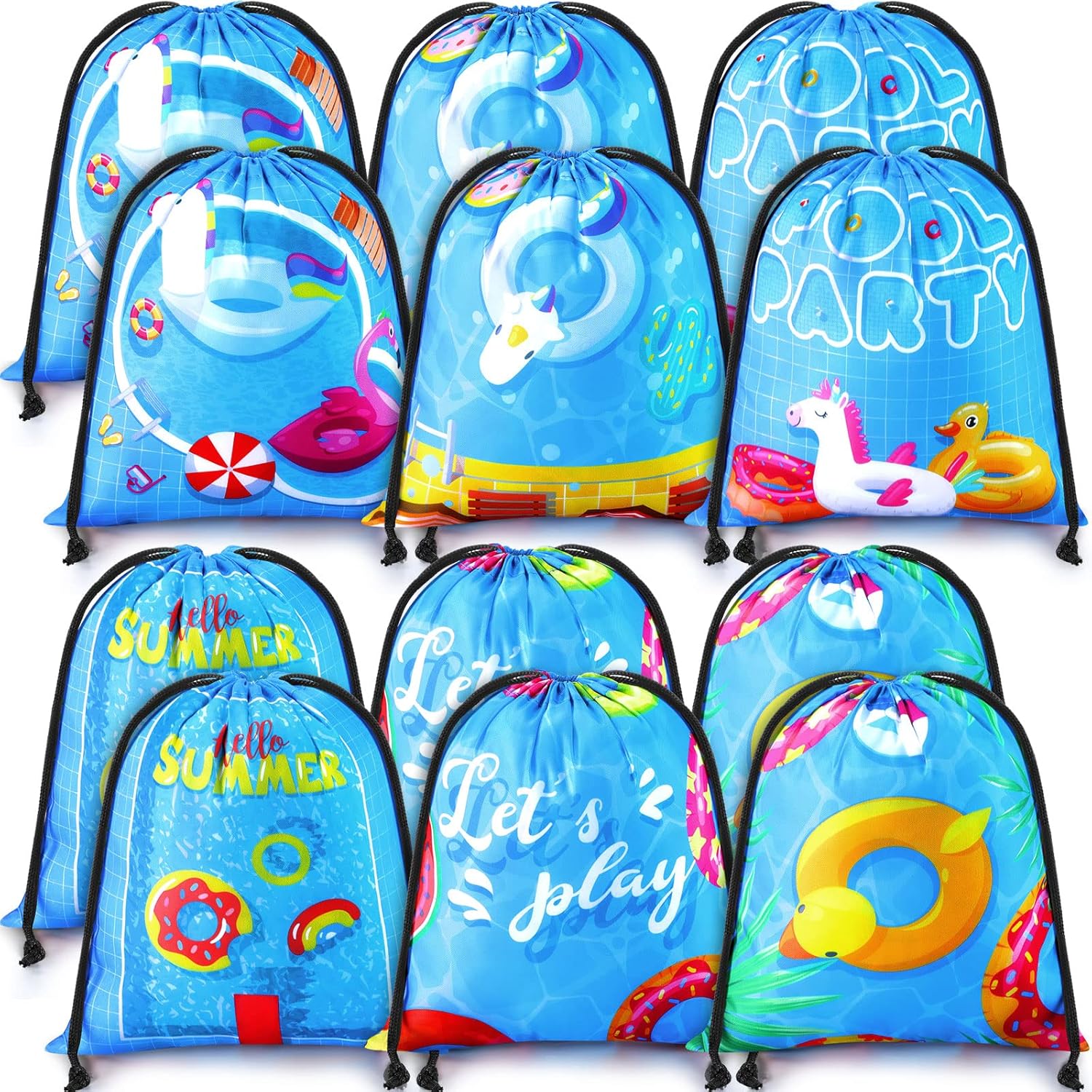 12 bolsas de fiesta de verano en la piscina, con cordón, bolsa de playa, bolsas de regalo, bolsas de regalo de tiburón de playa, suministros de