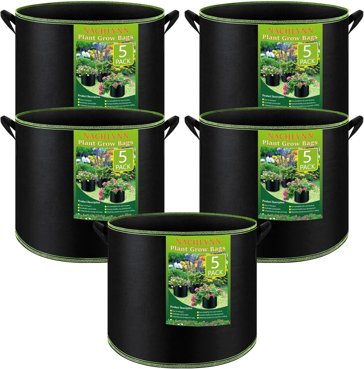 Paquete de 5 bolsas de cultivo de 15 galones, macetas de tela no tejida gruesa con asas para plantas para jardinería, frutas, flores, plantas