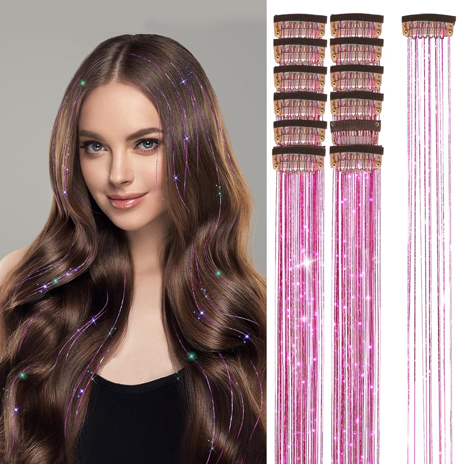 Kit de oropel de cabello con clip, 12 piezas, extensiones de cabello de 20 pulgadas, resistente al calor, kit de oropel de cabello de hada con