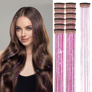 Kit de oropel de cabello con clip, 12 piezas, extensiones de cabello de 20 pulgadas, resistente al calor, kit de oropel de cabello de hada con Kit de oropel de cabello con clip, 12 piezas, extensiones de cabello de 20 pulgadas, resistente al calor, kit de oropel de cabello de hada con