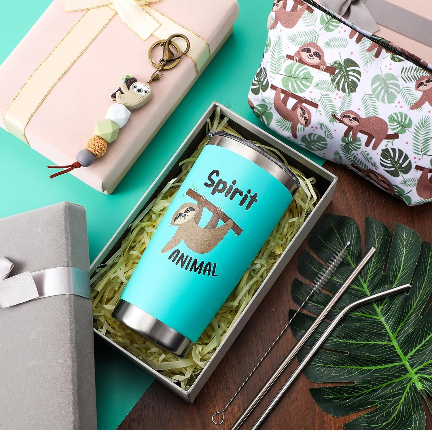 Abbylike 3 piezas de regalo de perezoso bolsa de maquillaje de perezoso de 20 onzas, taza de viaje de acero inoxidable con 1 tapa y 2 pajitas, vaso