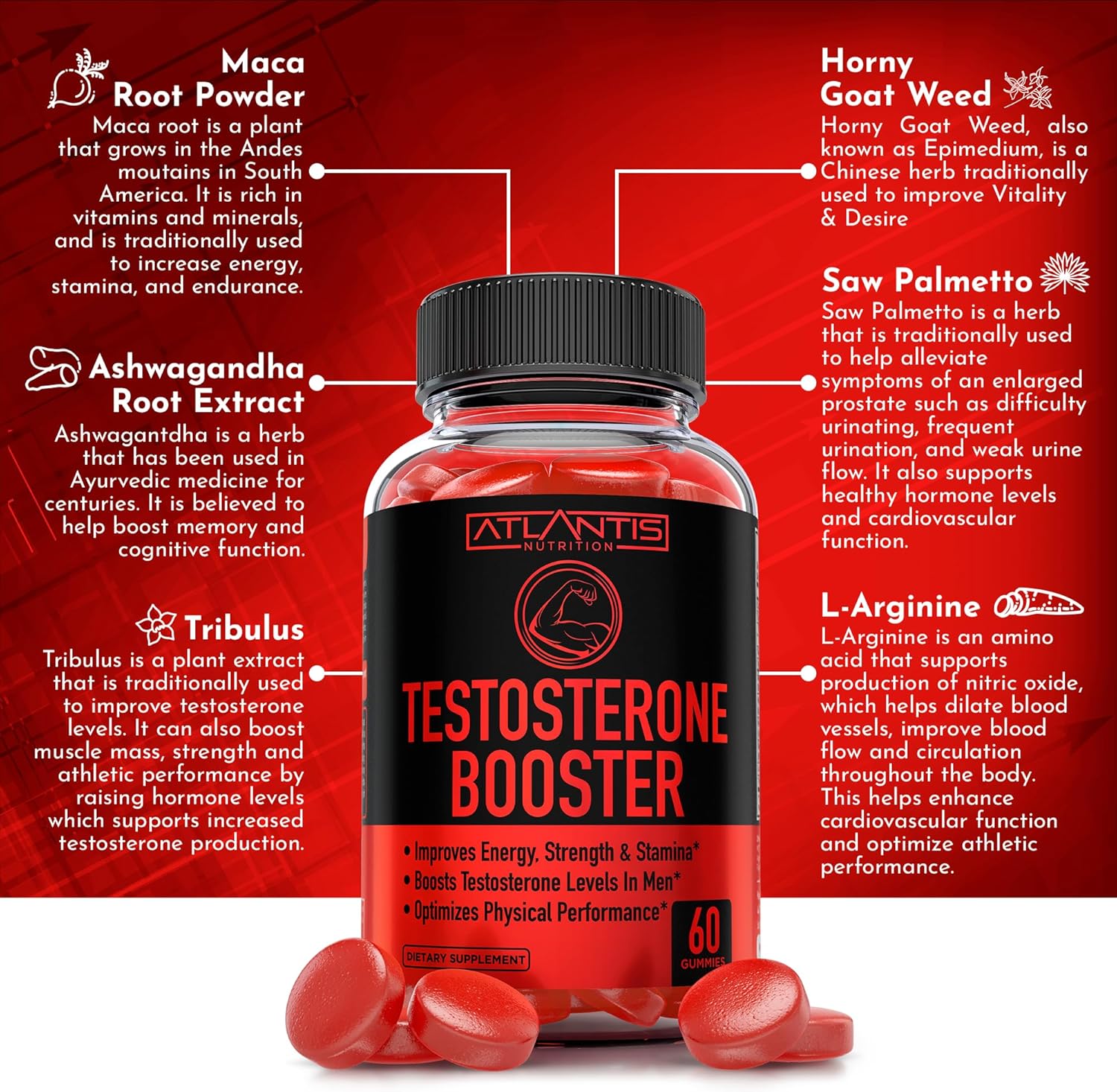 Atlantis Nutrition Paquete de 2 potenciadores de testosterona (120 gomitas) + Ashwagandha 60 gomitas