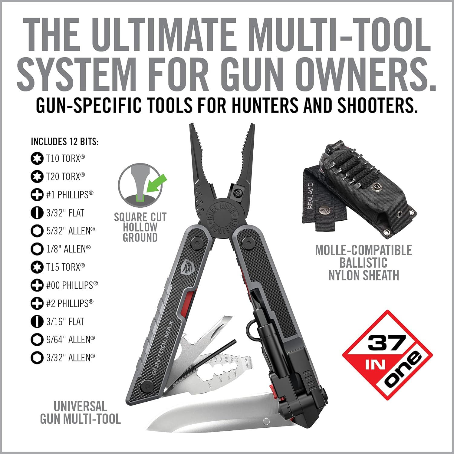 Real Avid Gun Tool Max, multiherramienta 37 en 1 para armería, incluye alicates, cortadores de alambre, hoja de cuchillo, llave de estrangulador