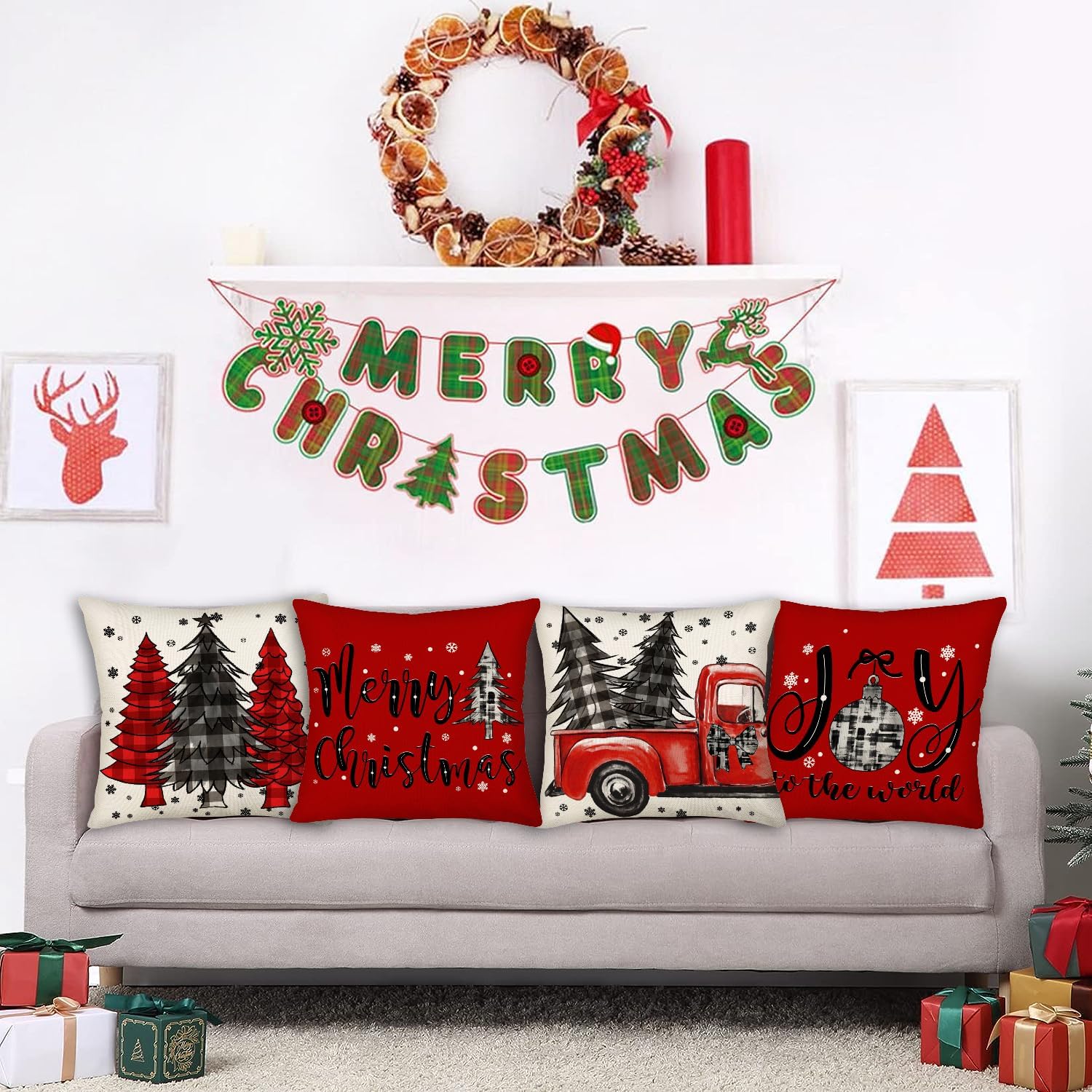 Juego de 4 fundas de almohada navideñas de 20 x 20 pulgadas, diseño de búfalo a cuadros de pino de Navidad, camión, copo de nieve, feliz alegría,