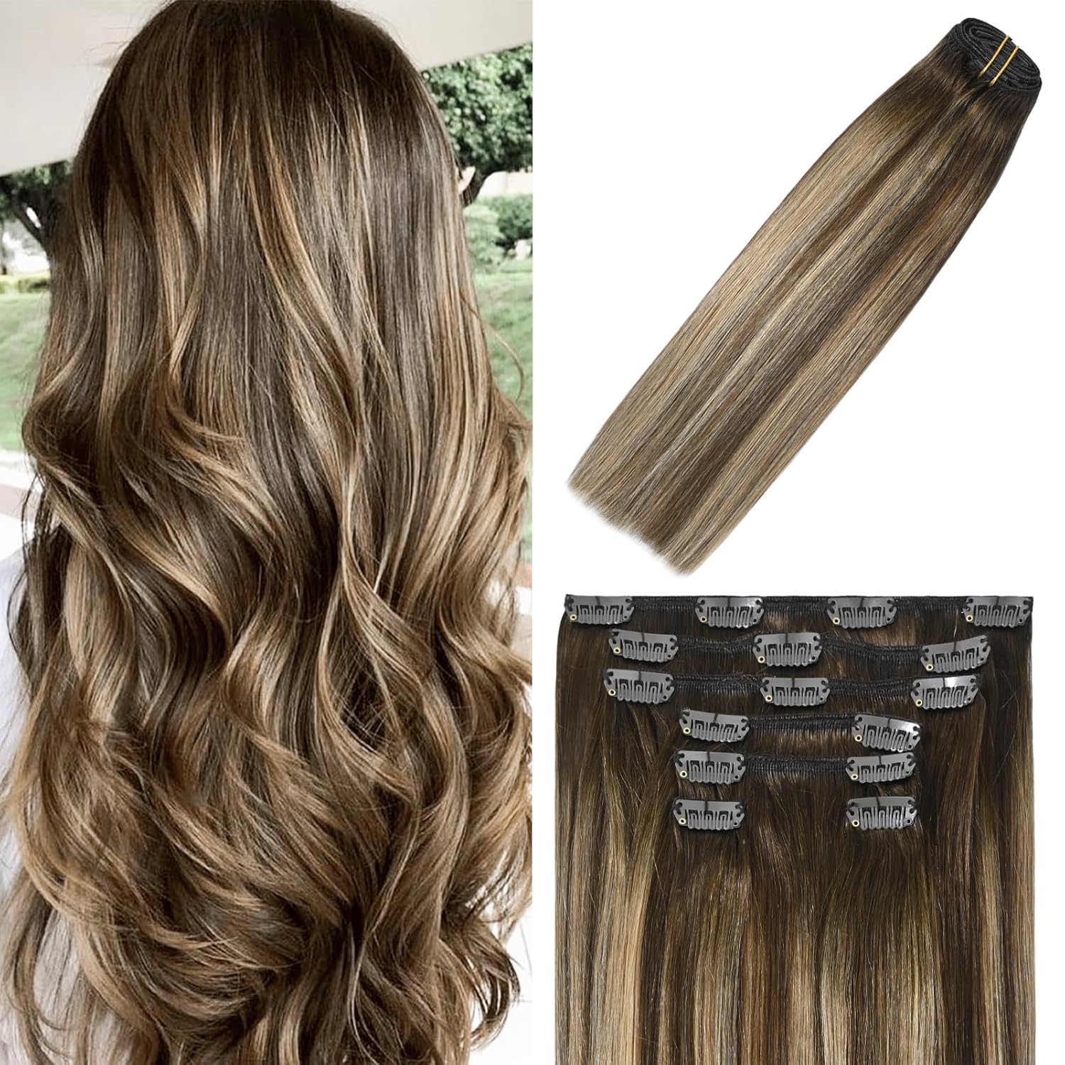 Extensiones de cabello humano con pinzas, color castaño chocolate a rubio oscuro con balayage y reflejos, para cabello castaño, 2.47onzas, N.