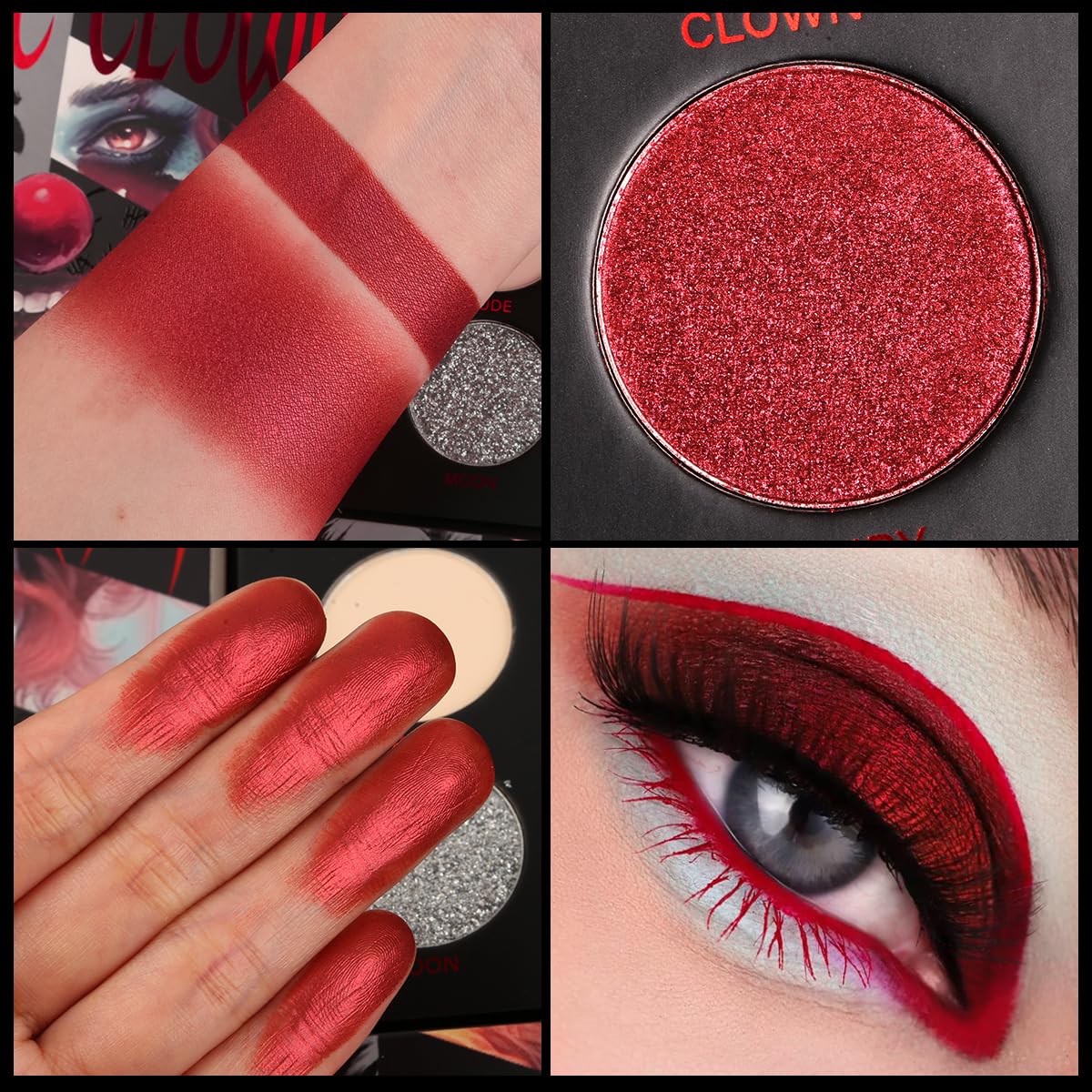Afflano Paleta de sombras de ojos negra y roja, maquillaje de payaso gótico de Halloween, paleta de sombra de ojos blanca plateada con purpurina